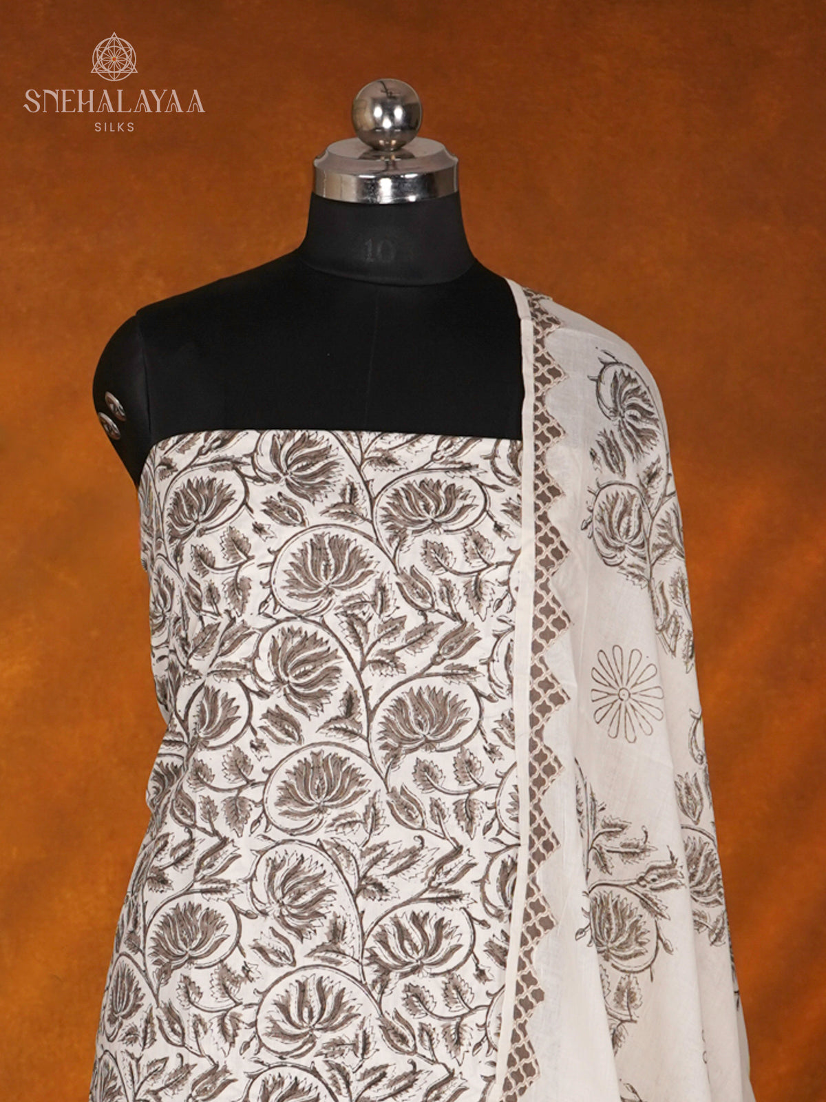 White With Grey Soft Cotton 3-Piece Salwar Suit Material