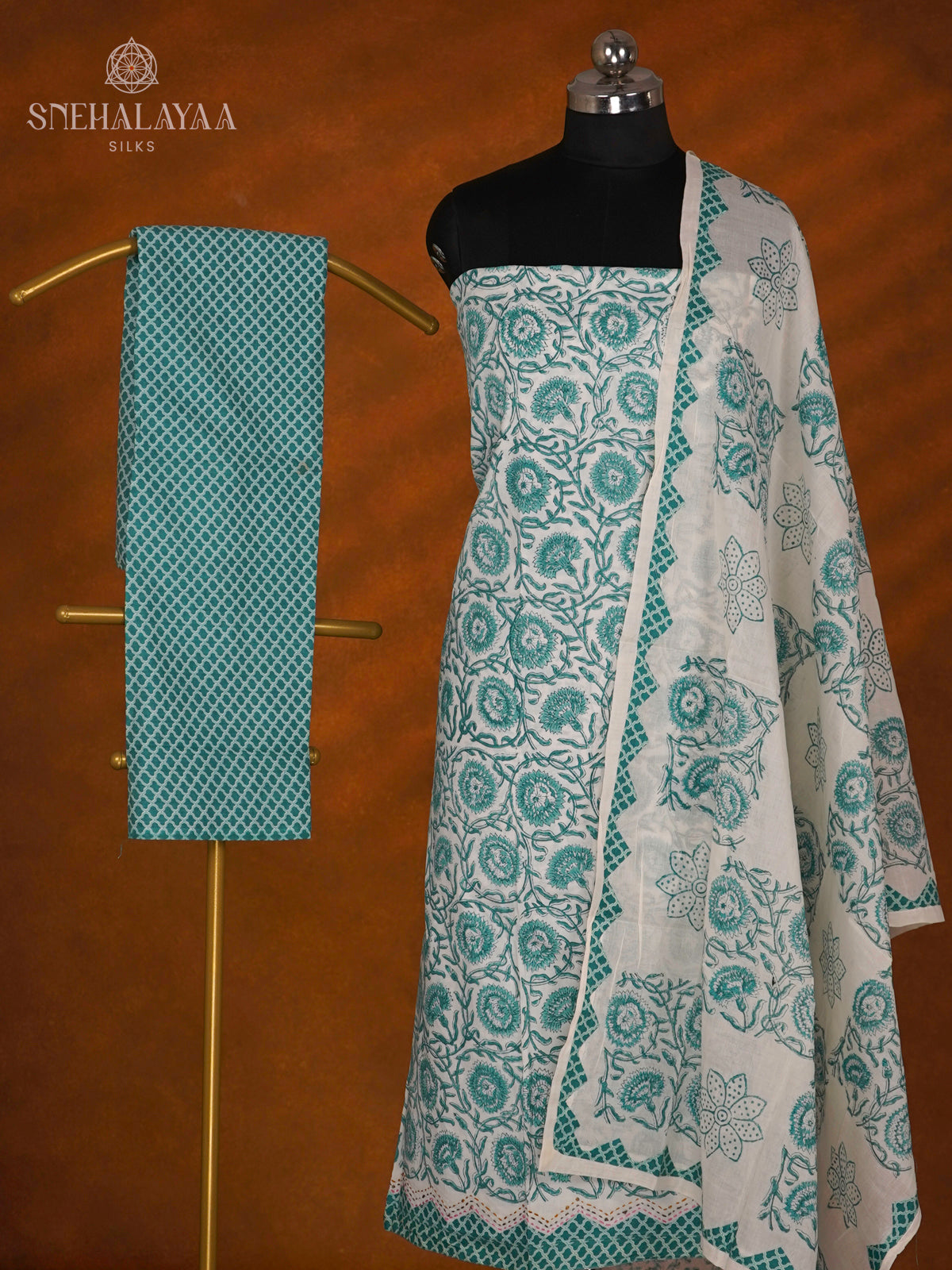 White With Teal Green Soft Cotton 3-Piece Salwar Suit Material