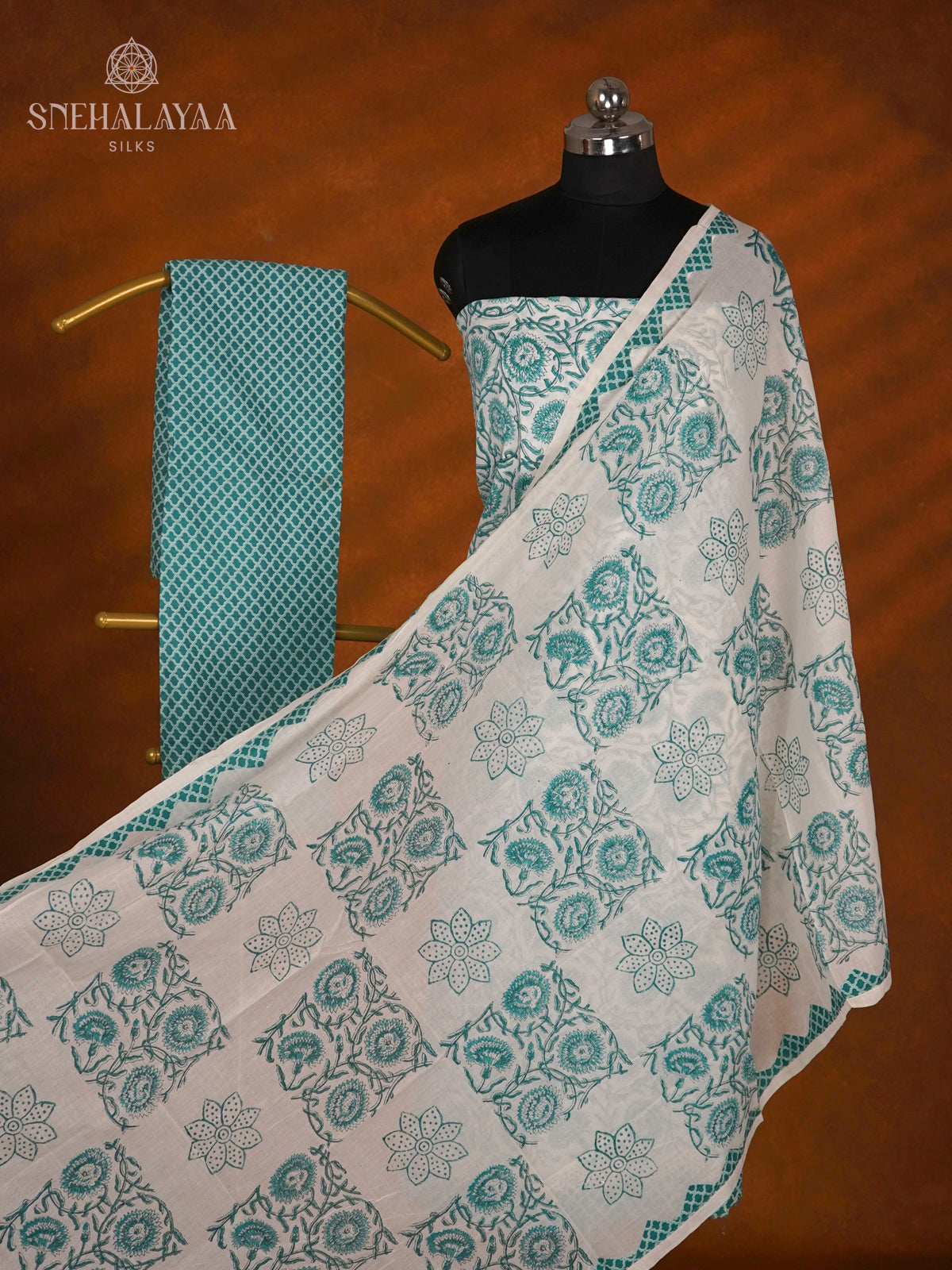 White With Teal Green Soft Cotton 3-Piece Salwar Suit Material