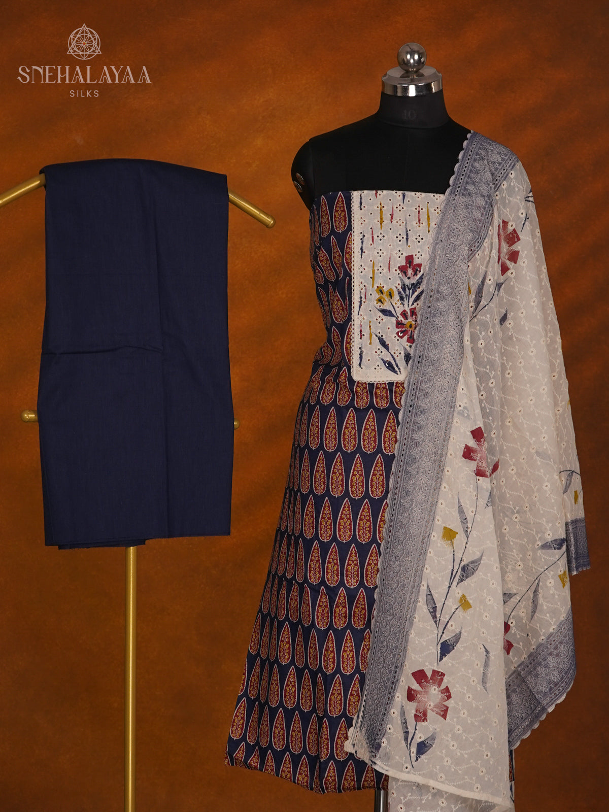 Navy Blue Soft Cotton 3-Piece Salwar Suit Material
