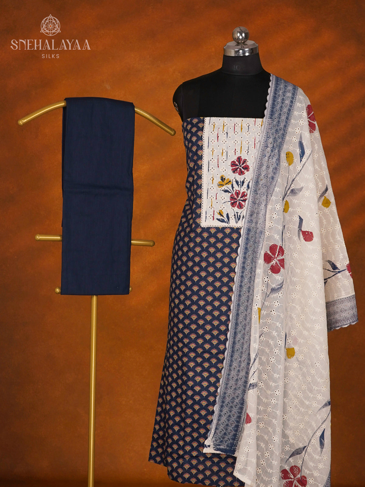 Navy Blue Soft Cotton 3-Piece Salwar Suit Material