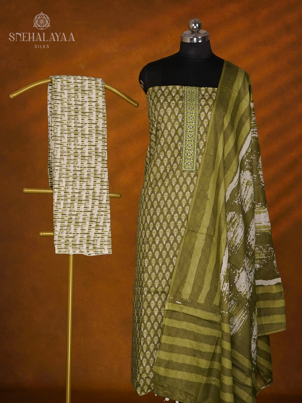 Olive Green Soft Cotton 3-Piece Salwar Suit Material