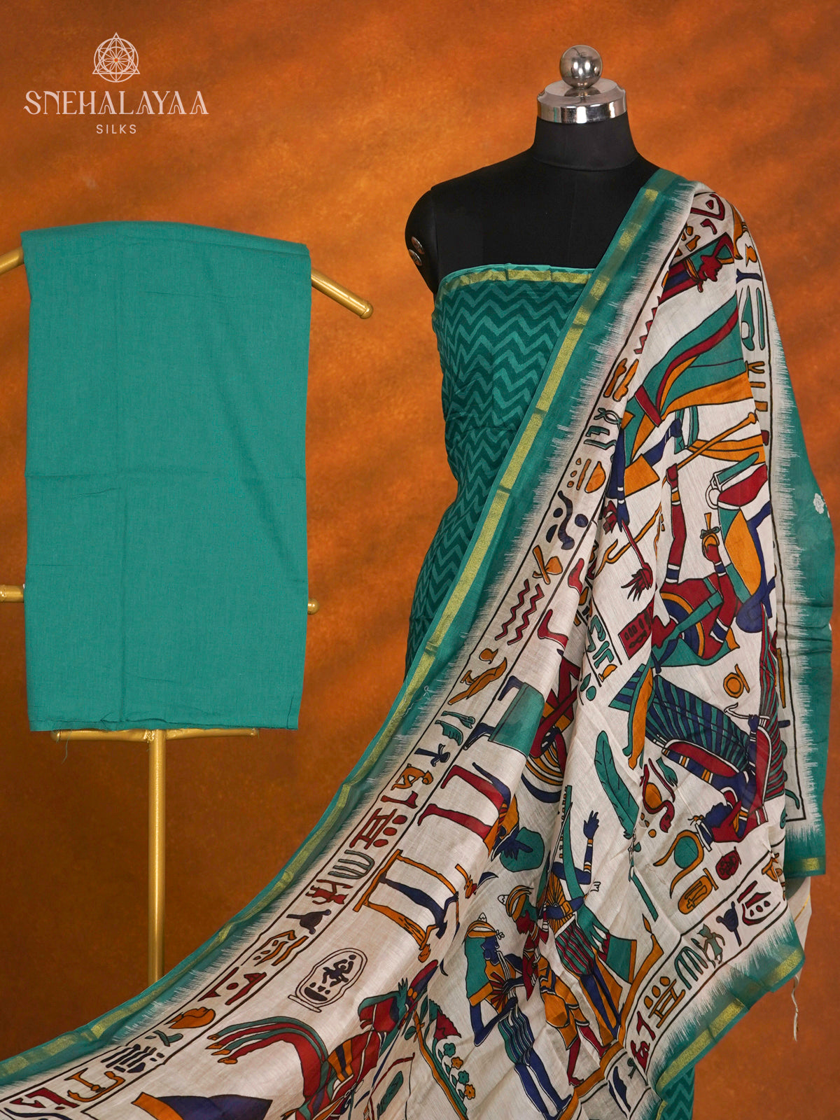 Peacock Blue Linen Cotton 3-Piece Salwar Suit Material