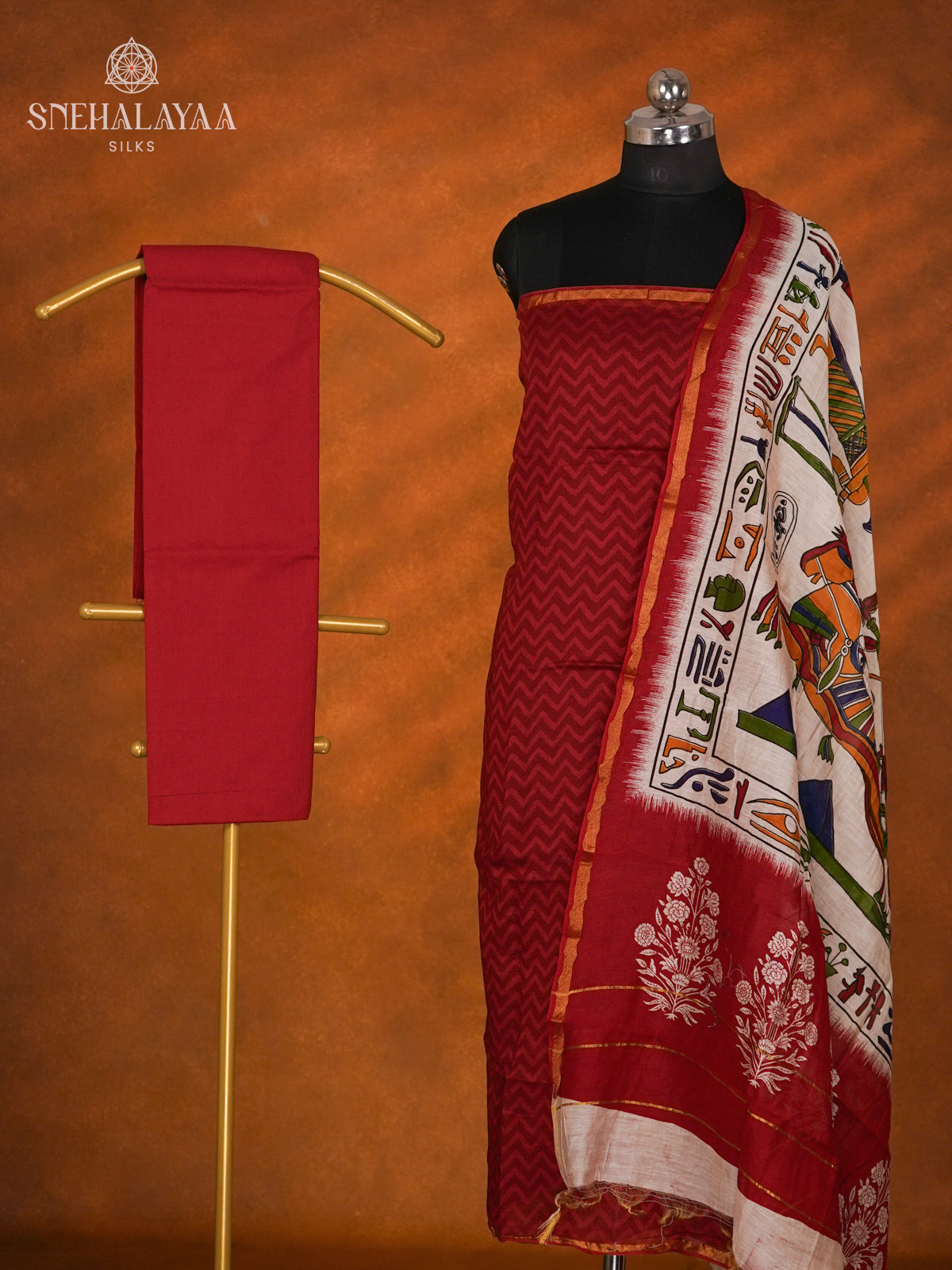 Red  Linen Cotton 3-Piece Salwar Suit Material