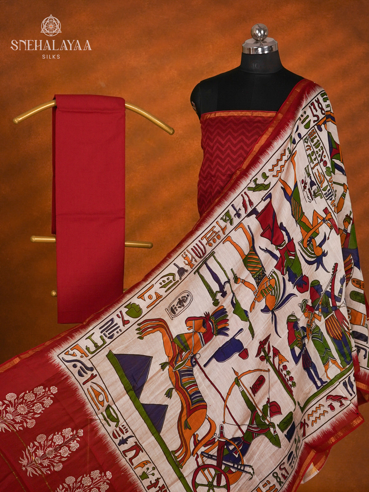 Red  Linen Cotton 3-Piece Salwar Suit Material