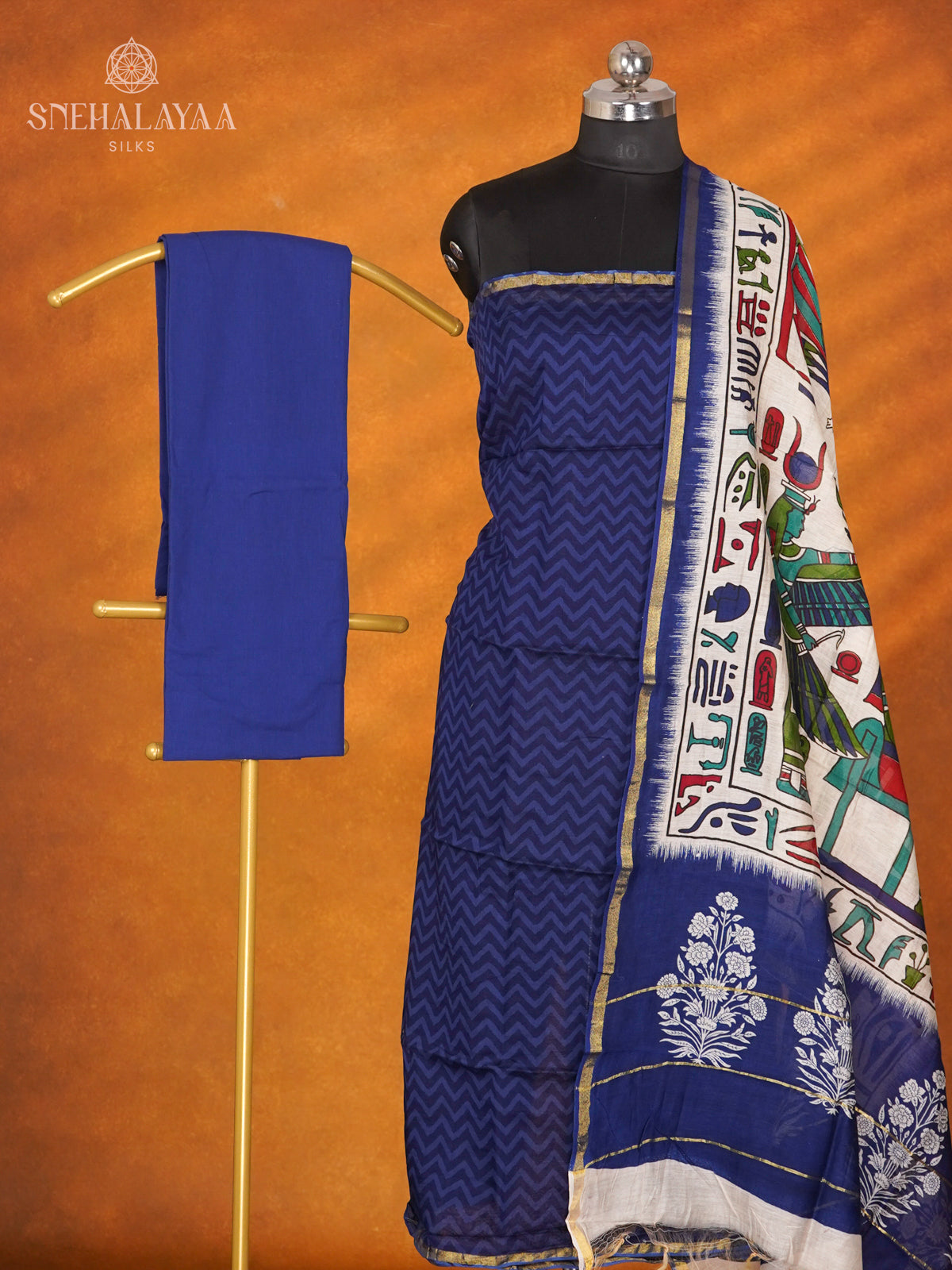 Navy Blue Linen Cotton 3-Piece Salwar Suit Material