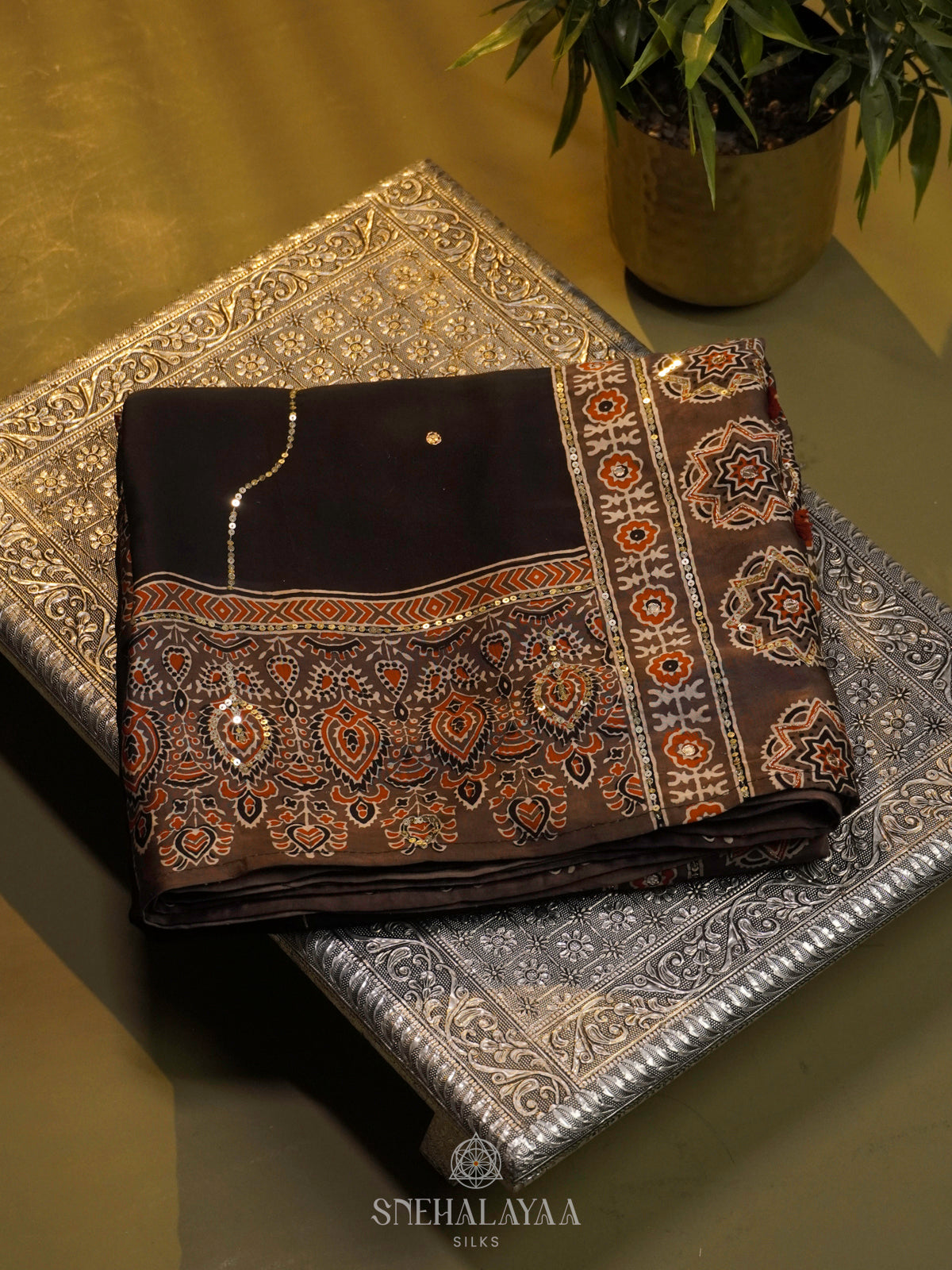 Black Modal Silk Saree with Brown Ajrakh Border