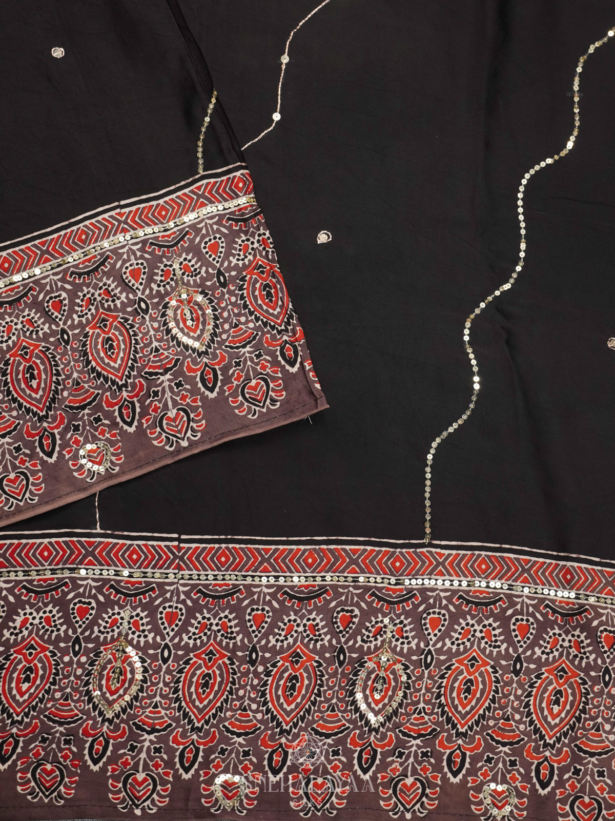 Black Modal Silk Saree with Brown Ajrakh Border