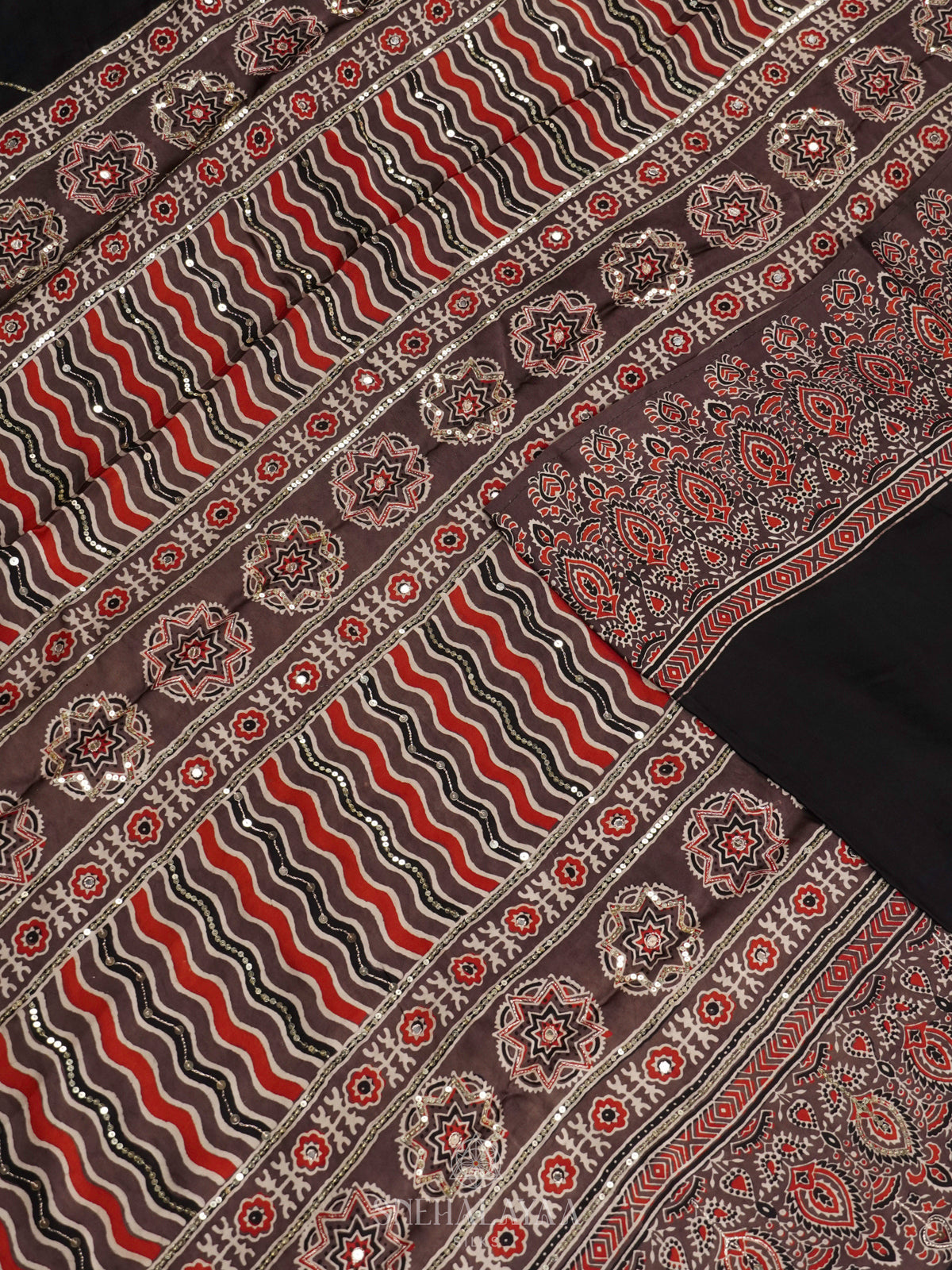 Black Modal Silk Saree with Brown Ajrakh Border
