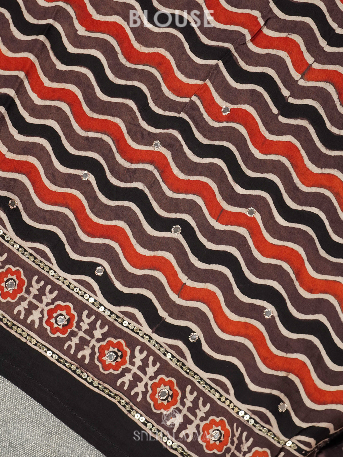 Black Modal Silk Saree with Brown Ajrakh Border