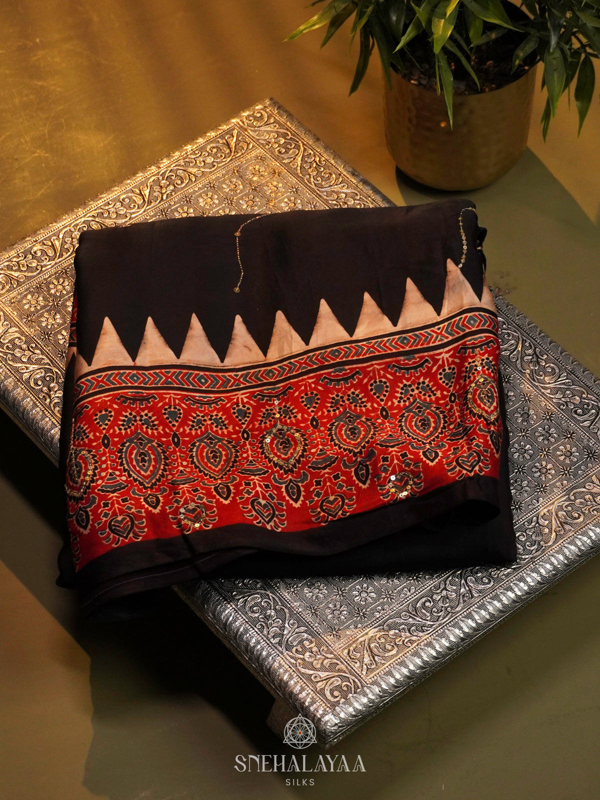 Black Modal Silk Saree with Maroon Ajrakh Border