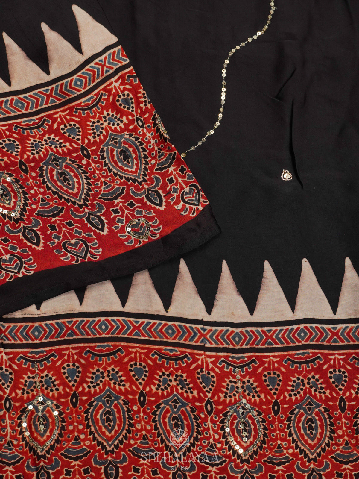 Black Modal Silk Saree with Maroon Ajrakh Border