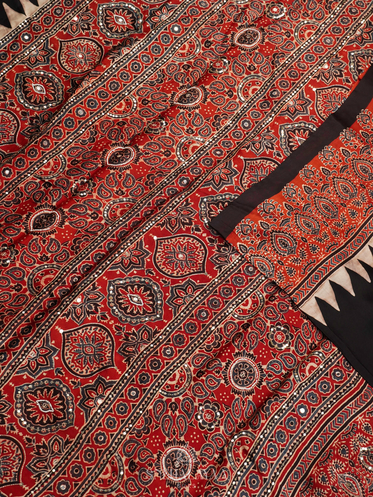 Black Modal Silk Saree with Maroon Ajrakh Border