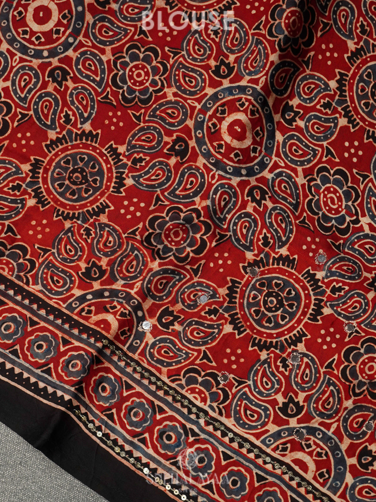 Black Modal Silk Saree with Maroon Ajrakh Border