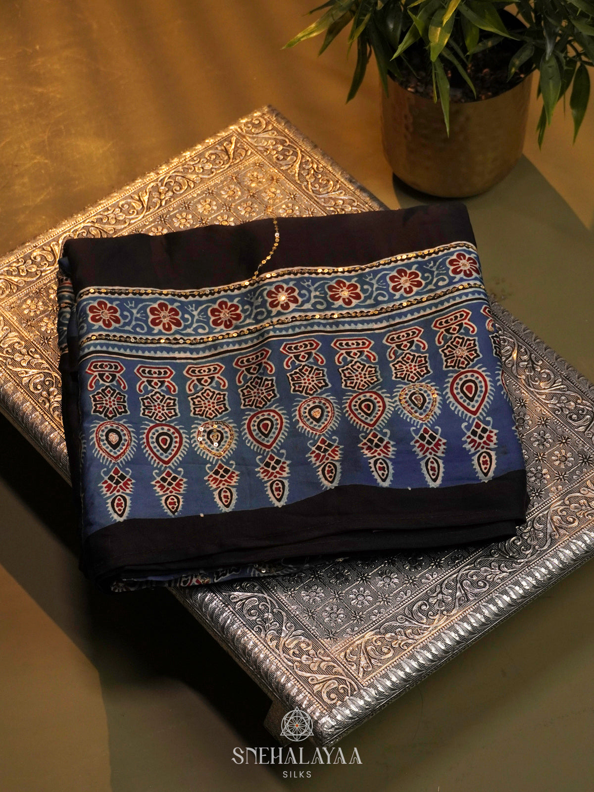 Black Modal Silk Saree with Blue