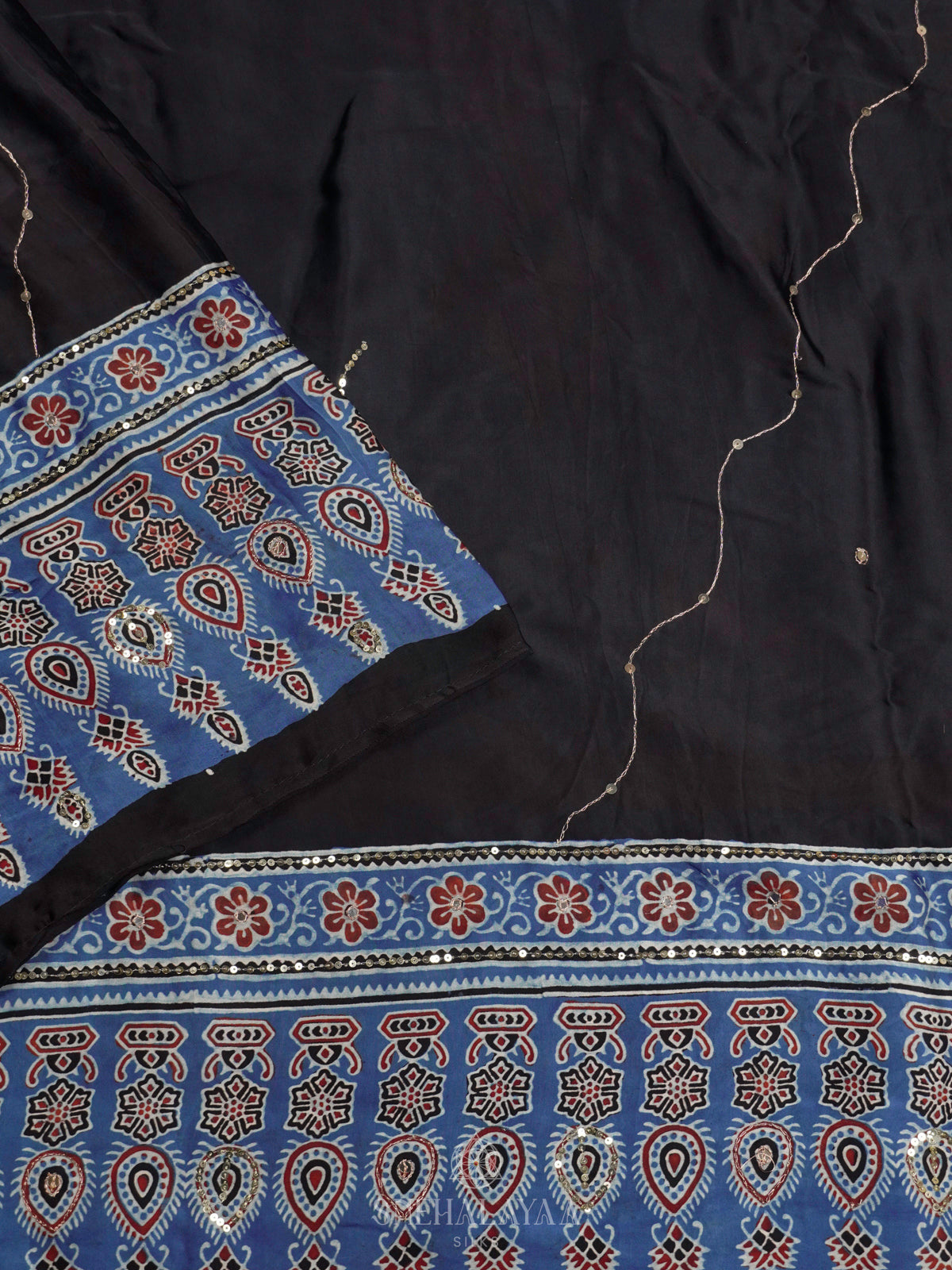 Black Modal Silk Saree with Blue