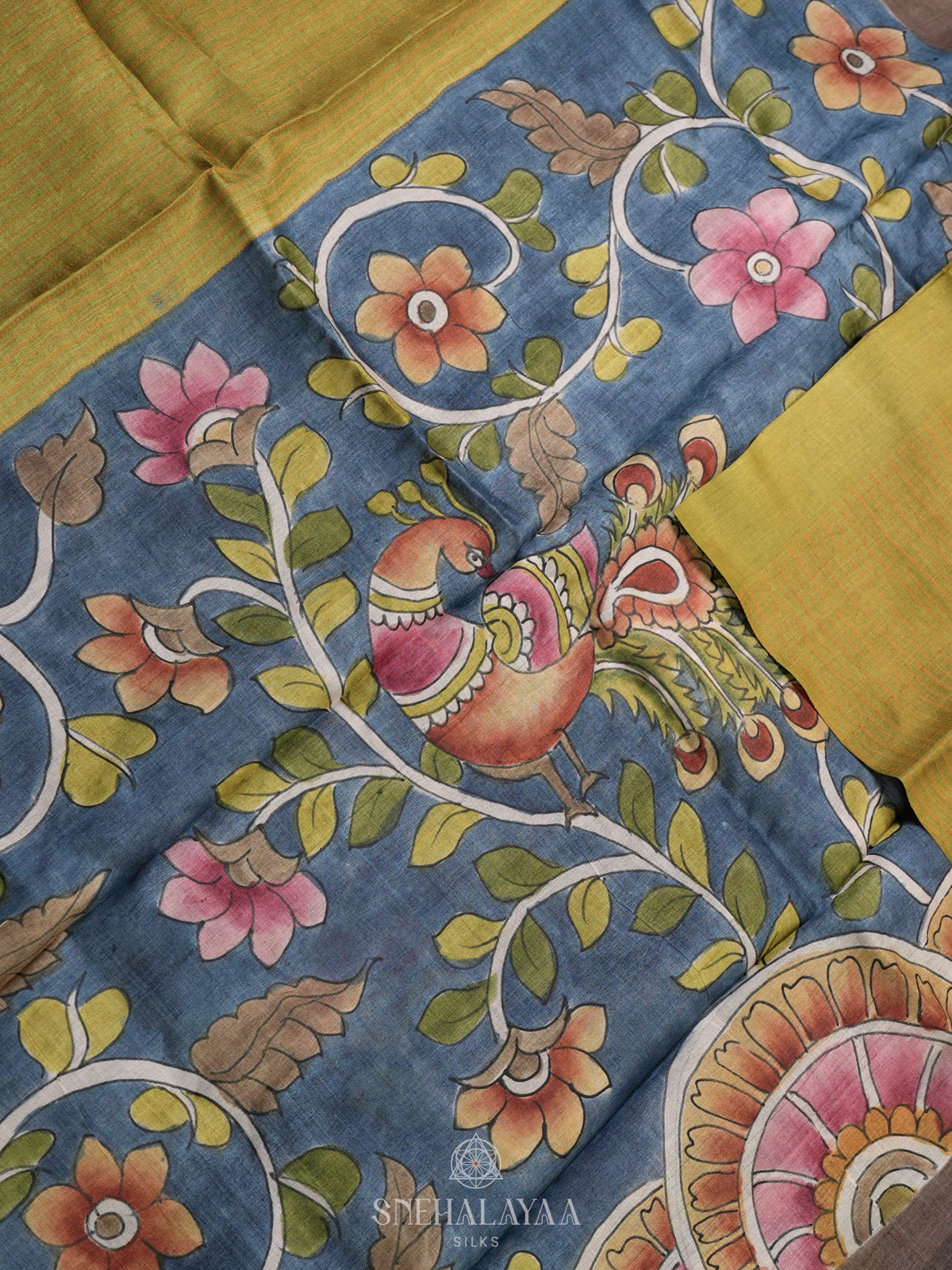 Lime Green Tussar Saree