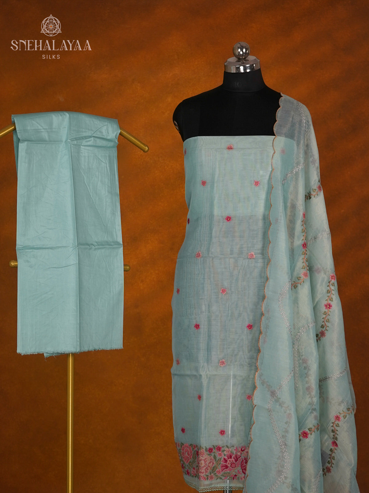 Pale Blue Tussar Silk 3-Piece Salwar Suit Material