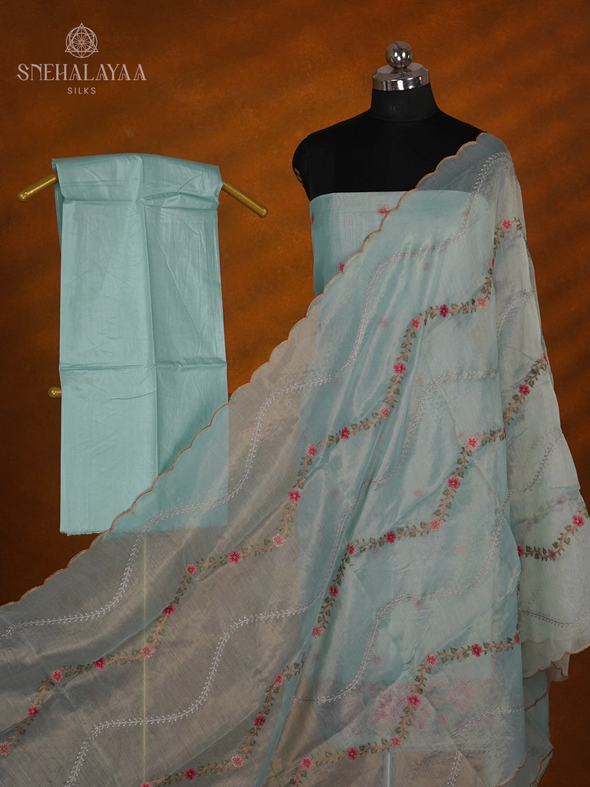 Pale Blue Tussar Silk 3-Piece Salwar Suit Material