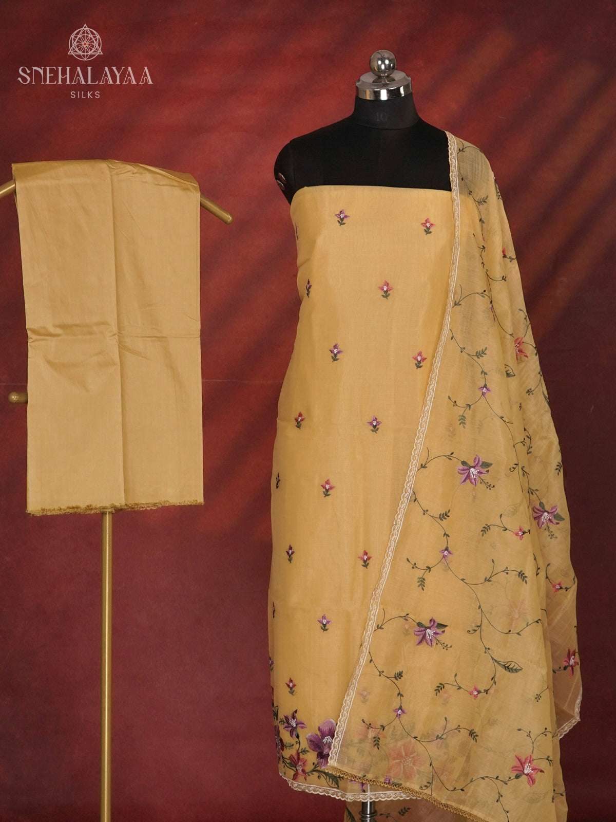Yellow Tussar Silk 3-Piece Salwar Suit Material