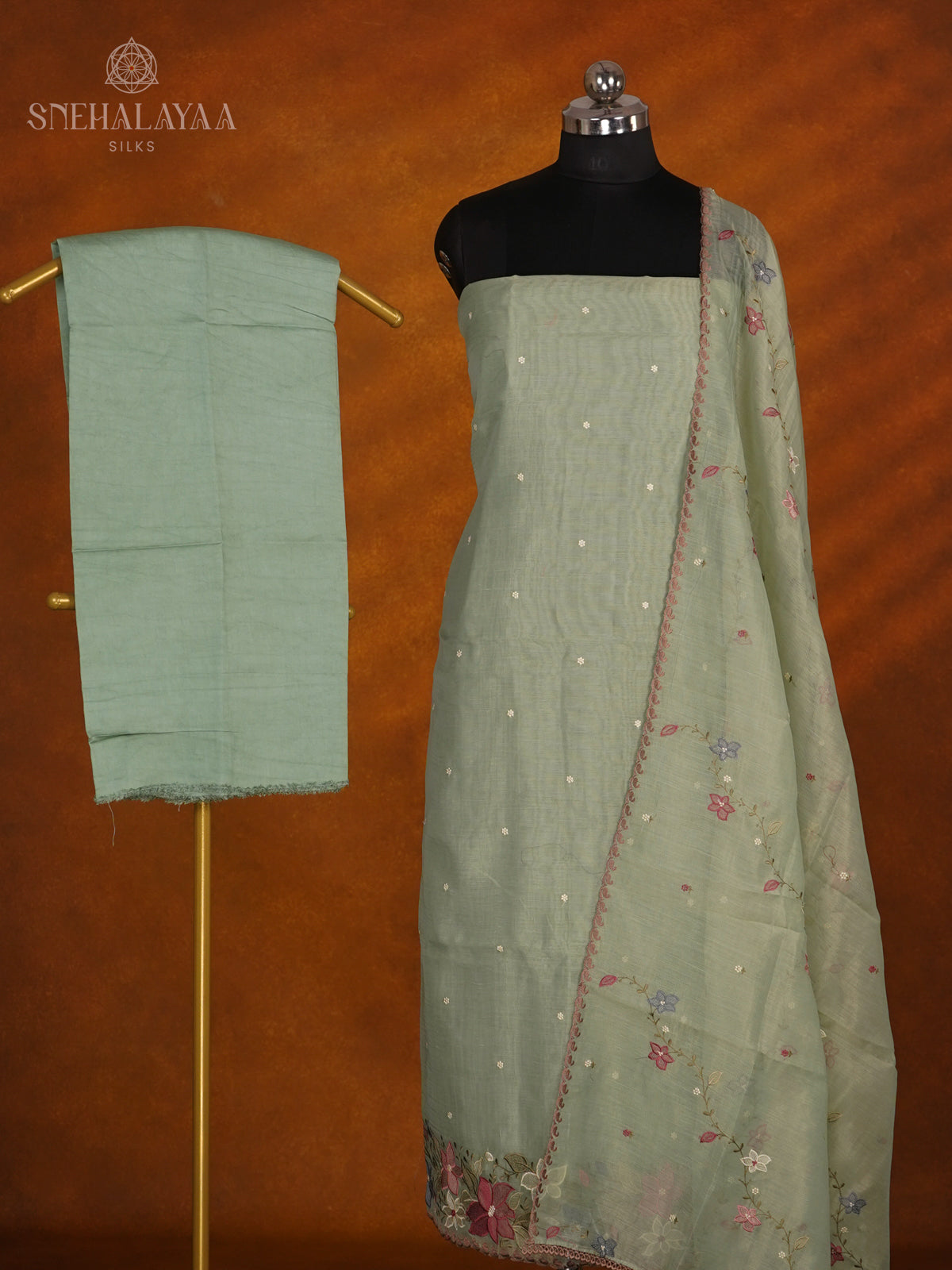 Mint Green Tussar Silk 3-Piece Salwar Suit Material