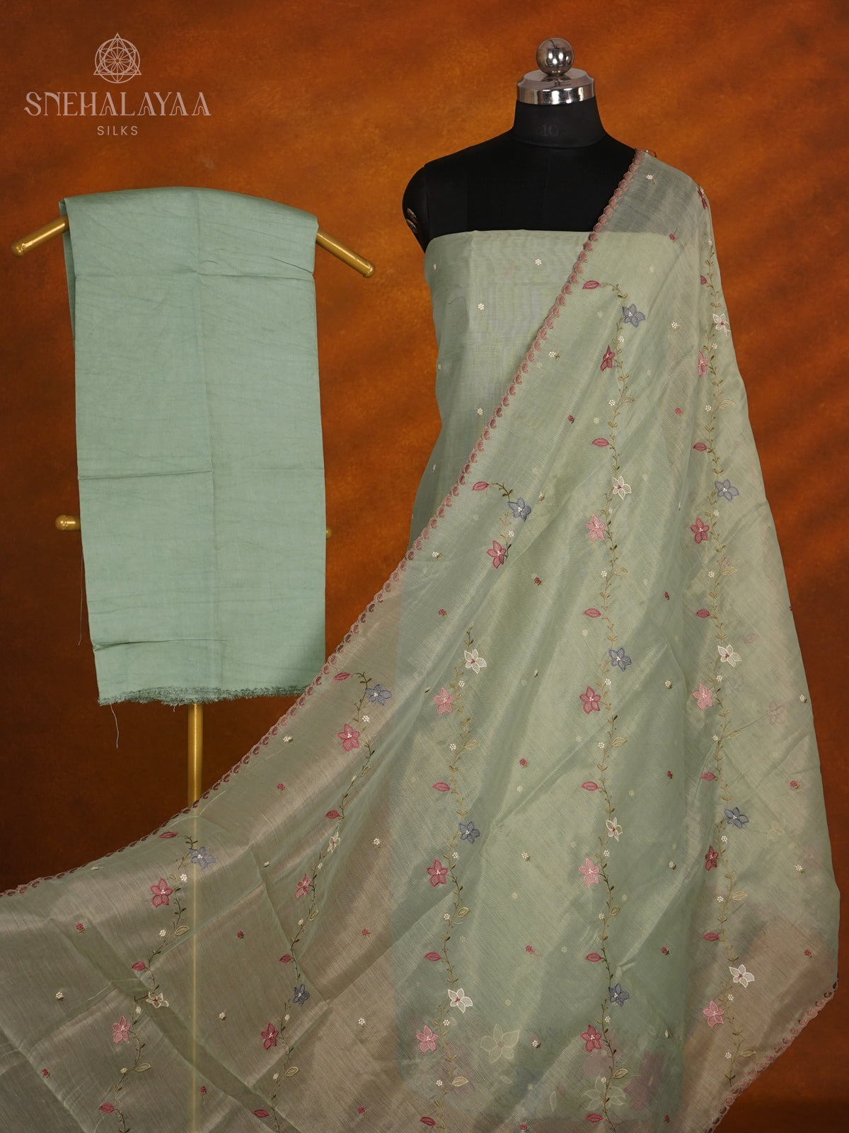 Mint Green Tussar Silk 3-Piece Salwar Suit Material