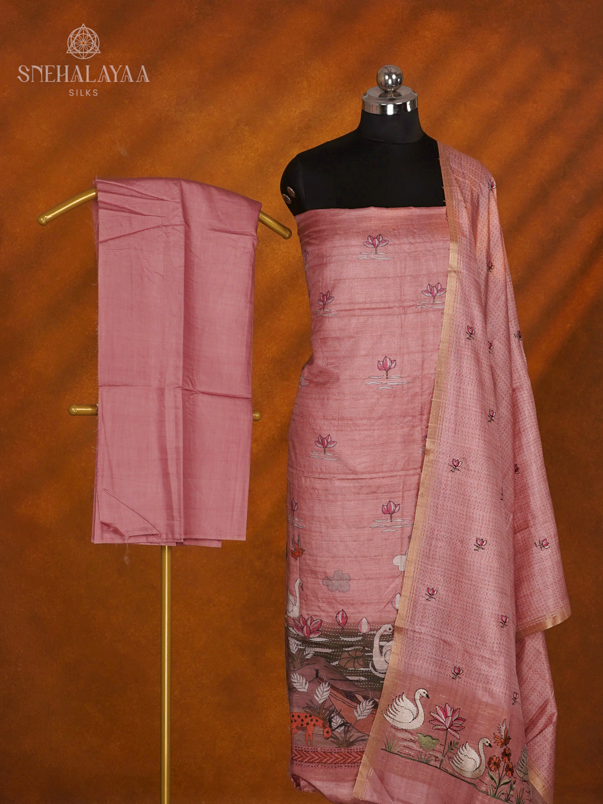 Peach Tussar Silk 3-Piece Salwar Suit Material