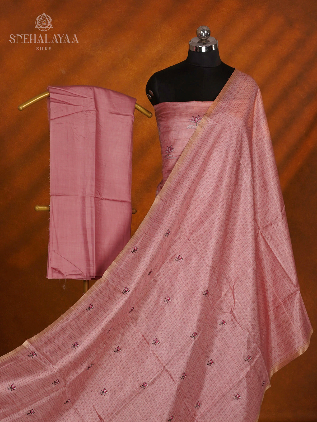 Peach Tussar Silk 3-Piece Salwar Suit Material