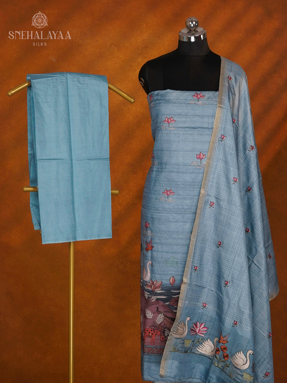 Blue Tussar Silk 3-Piece Salwar Suit Material