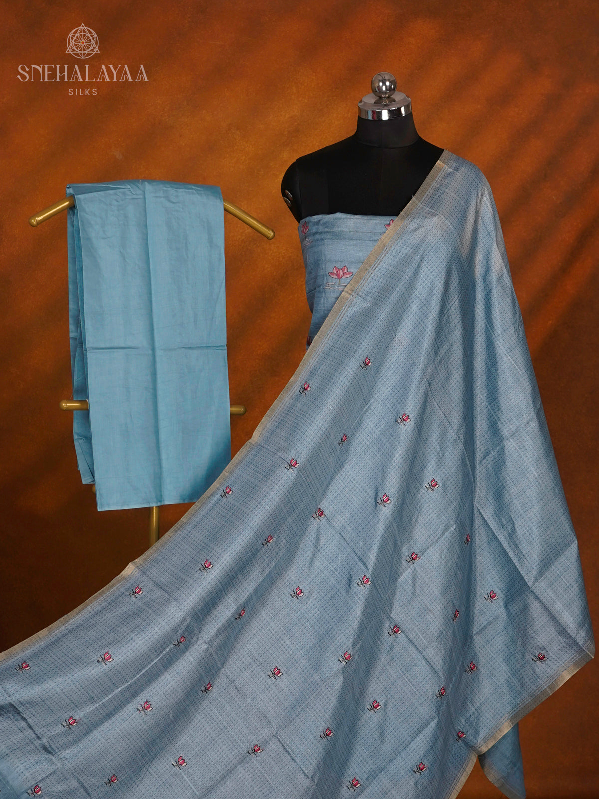 Blue Tussar Silk 3-Piece Salwar Suit Material