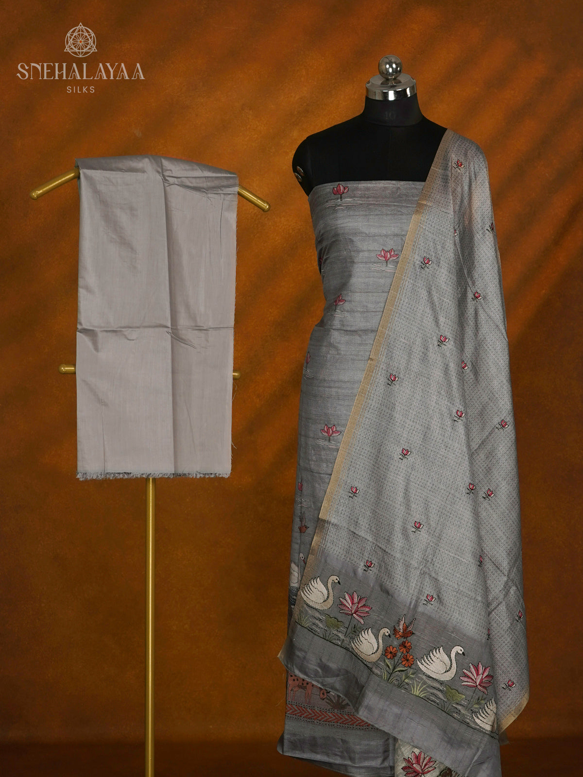 Grey Tussar Silk 3-Piece Salwar Suit Material