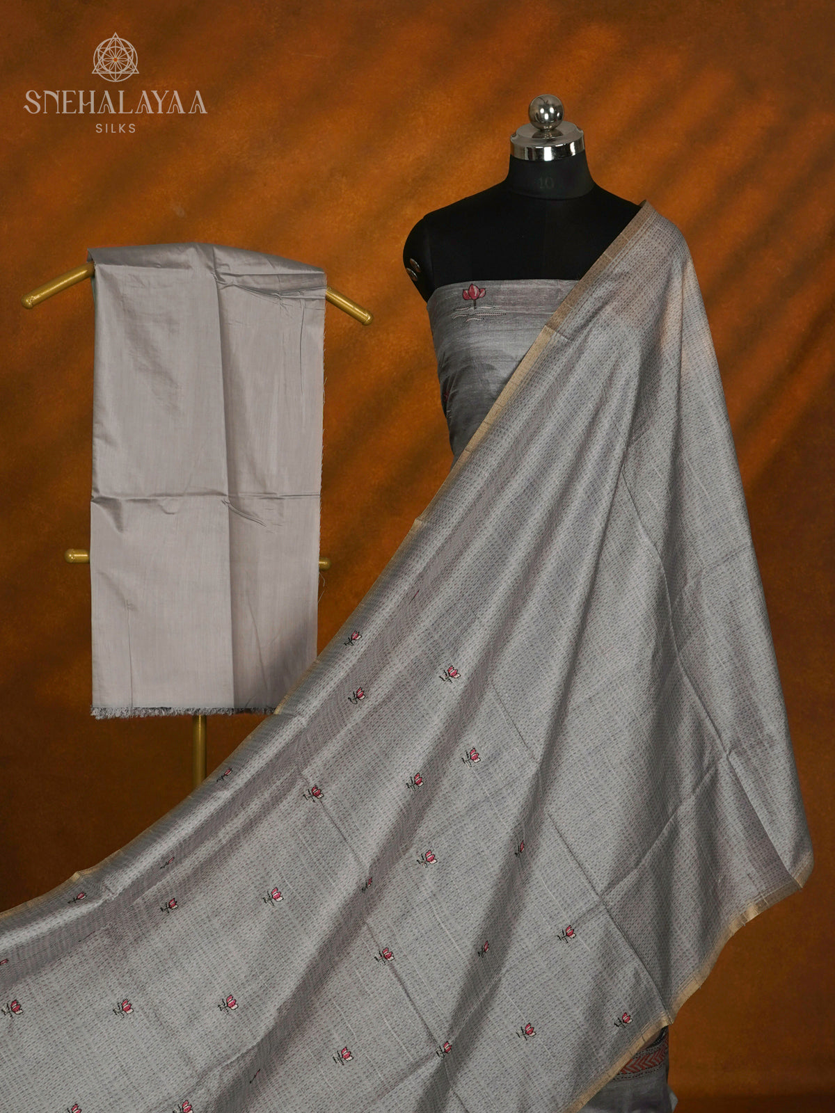 Grey Tussar Silk 3-Piece Salwar Suit Material