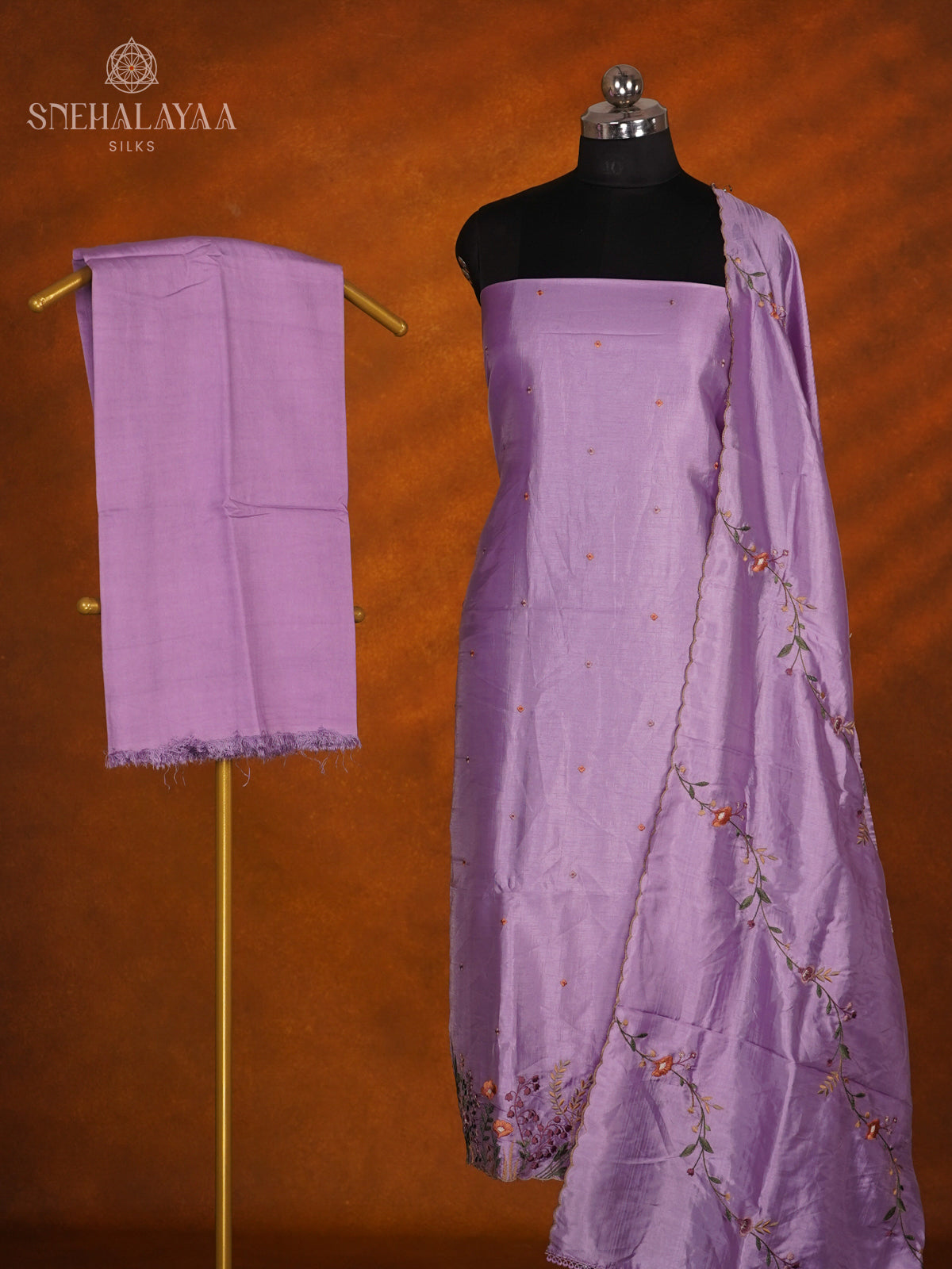 Lavender Tussar Silk 3-Piece Salwar Suit Material