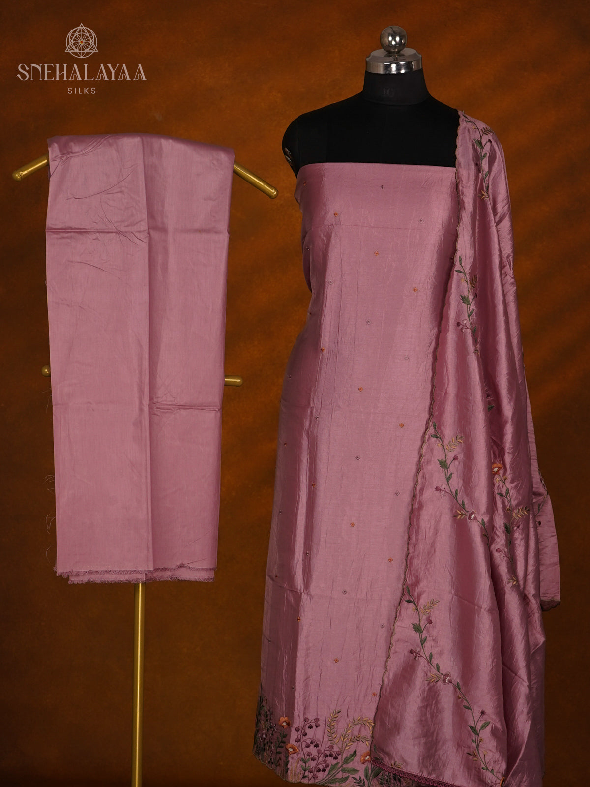 Mauve Pink Tussar Silk 3-Piece Salwar Suit Material
