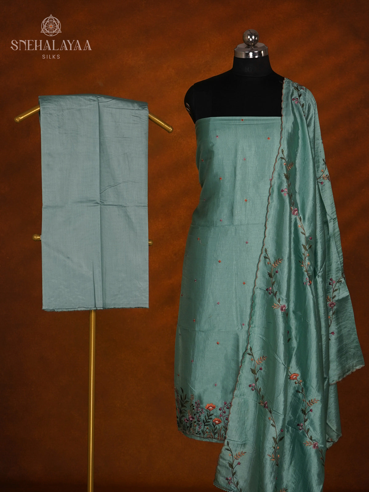 Teal Green Tussar Silk 3-Piece Salwar Suit Material