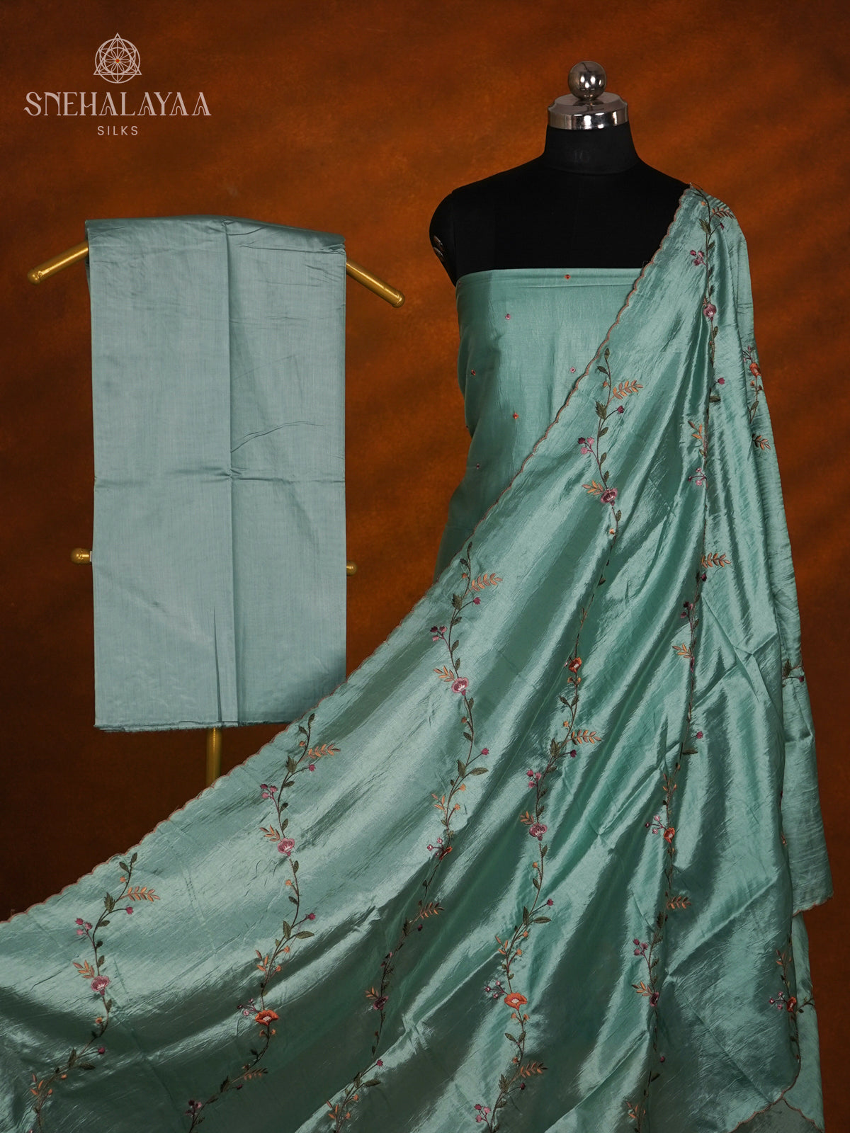 Teal Green Tussar Silk 3-Piece Salwar Suit Material