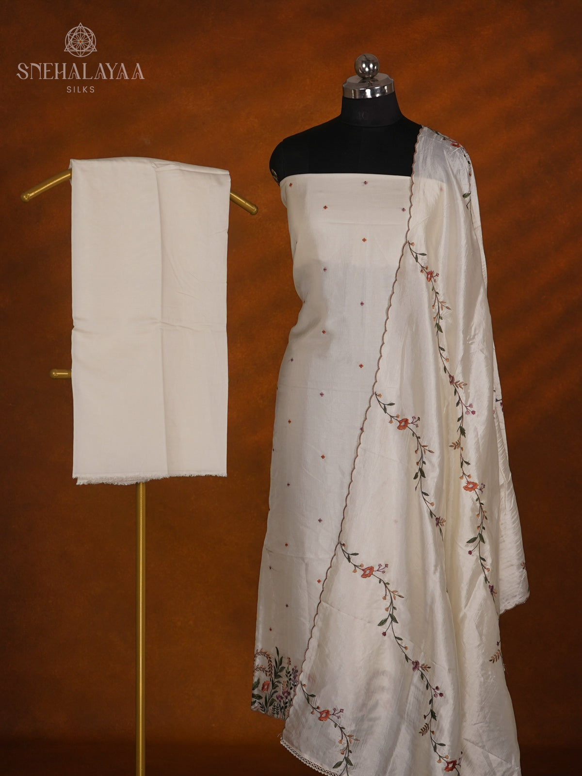 White Tussar Silk 3-Piece Salwar Suit Material