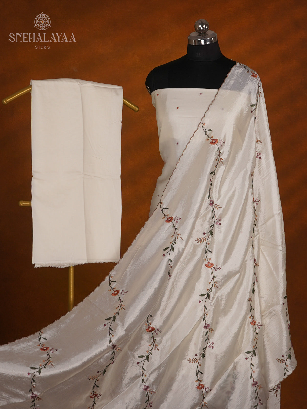 White Tussar Silk 3-Piece Salwar Suit Material