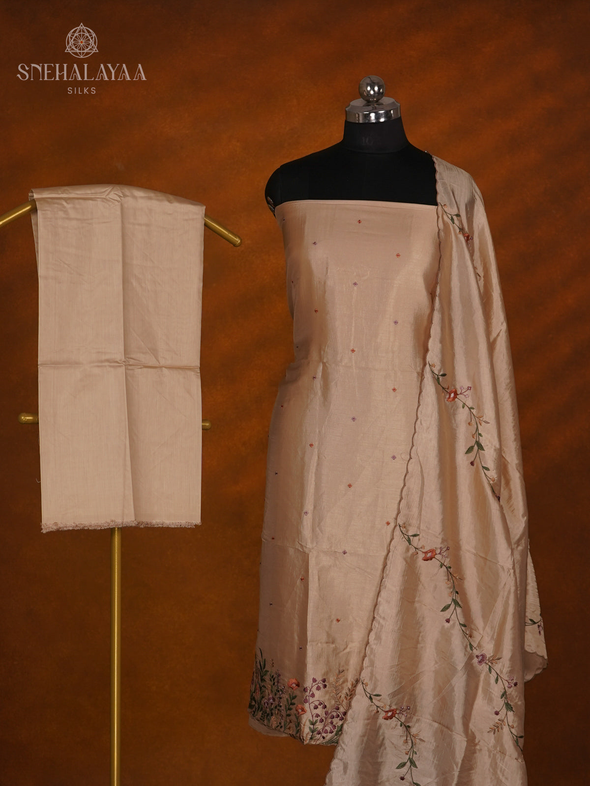 Golden Beige Tussar Silk 3-Piece Salwar Suit Material