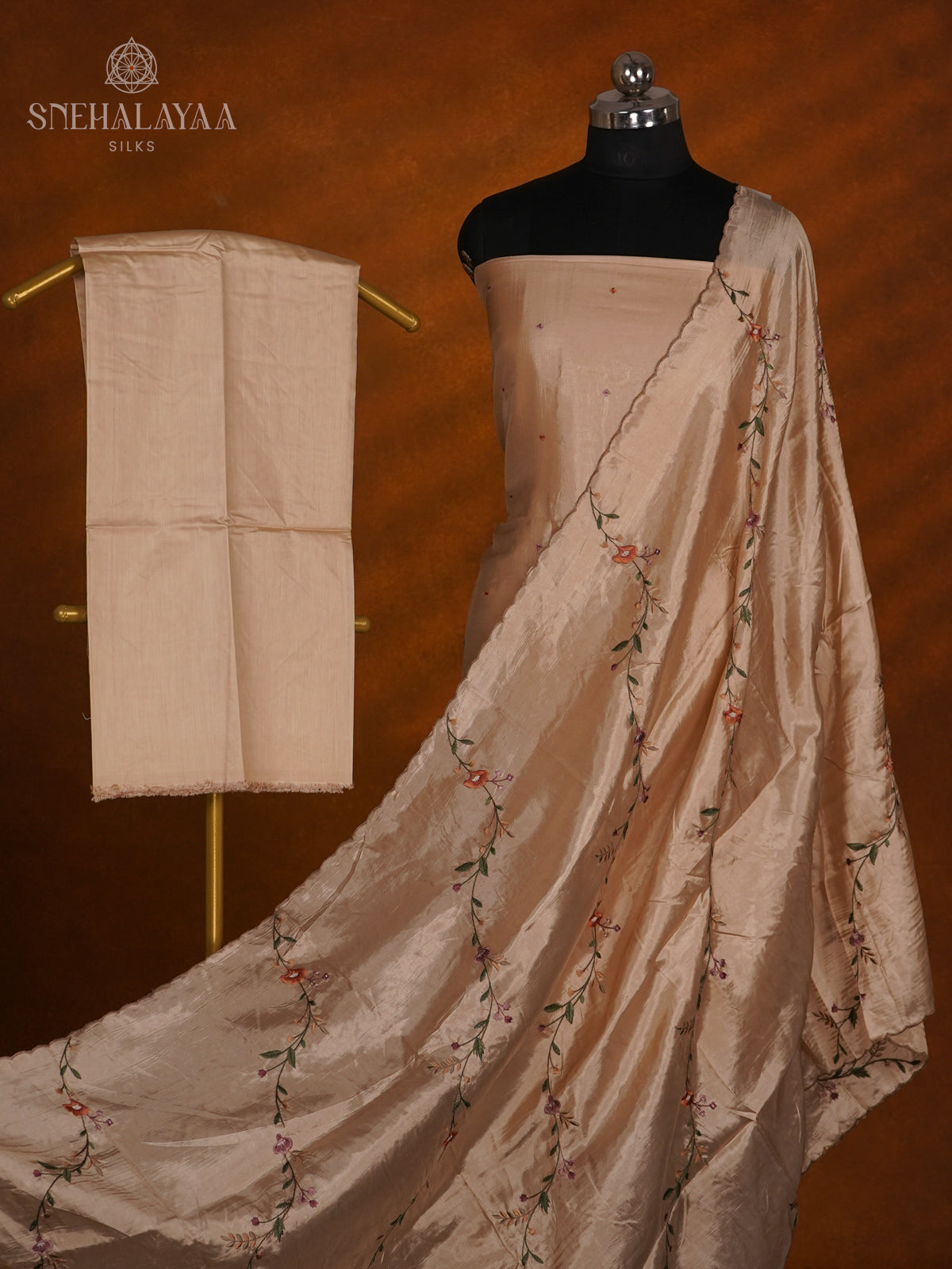 Golden Beige Tussar Silk 3-Piece Salwar Suit Material
