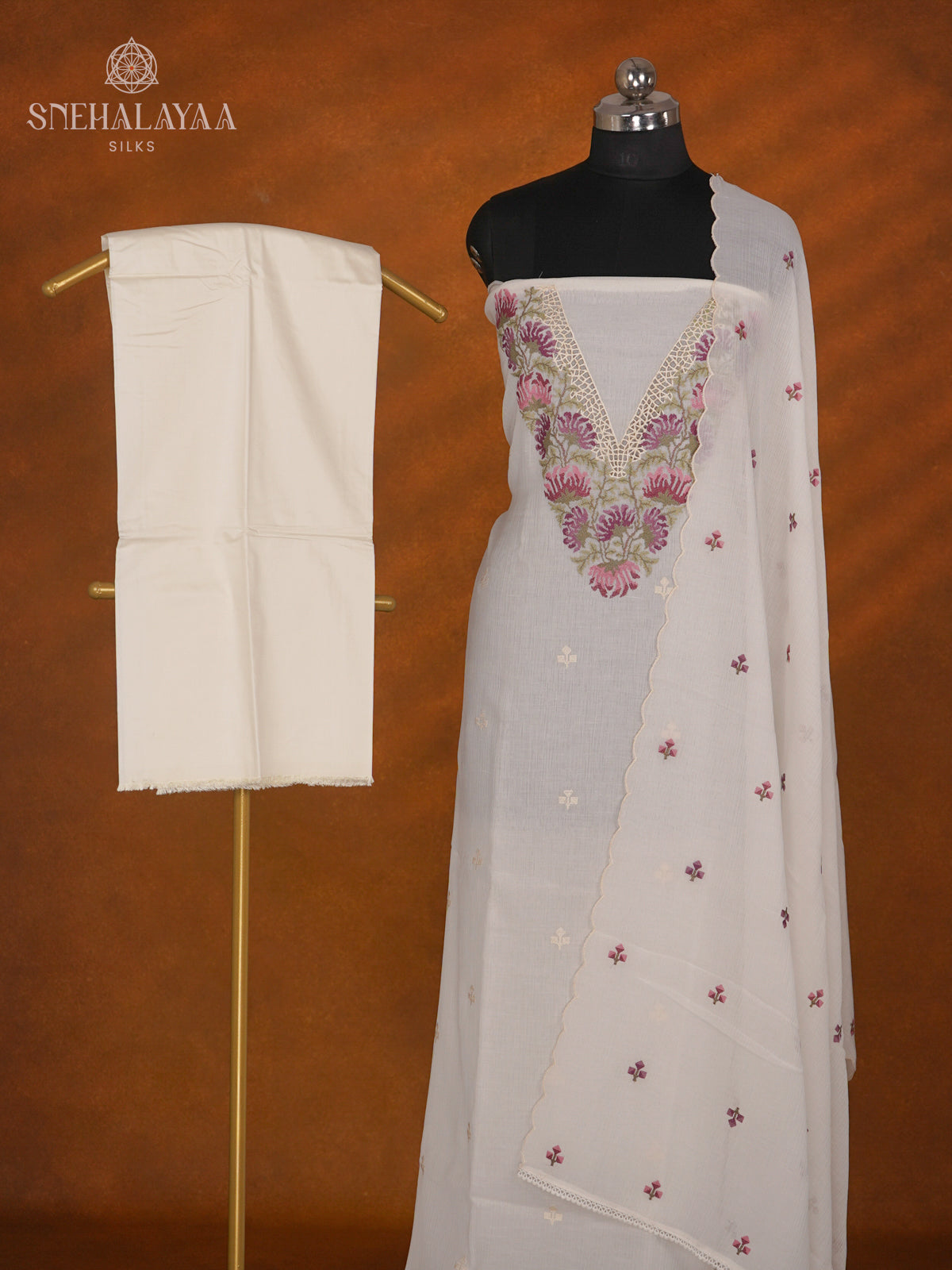 Off White Silk Cotton 3-Piece Salwar Suit Material