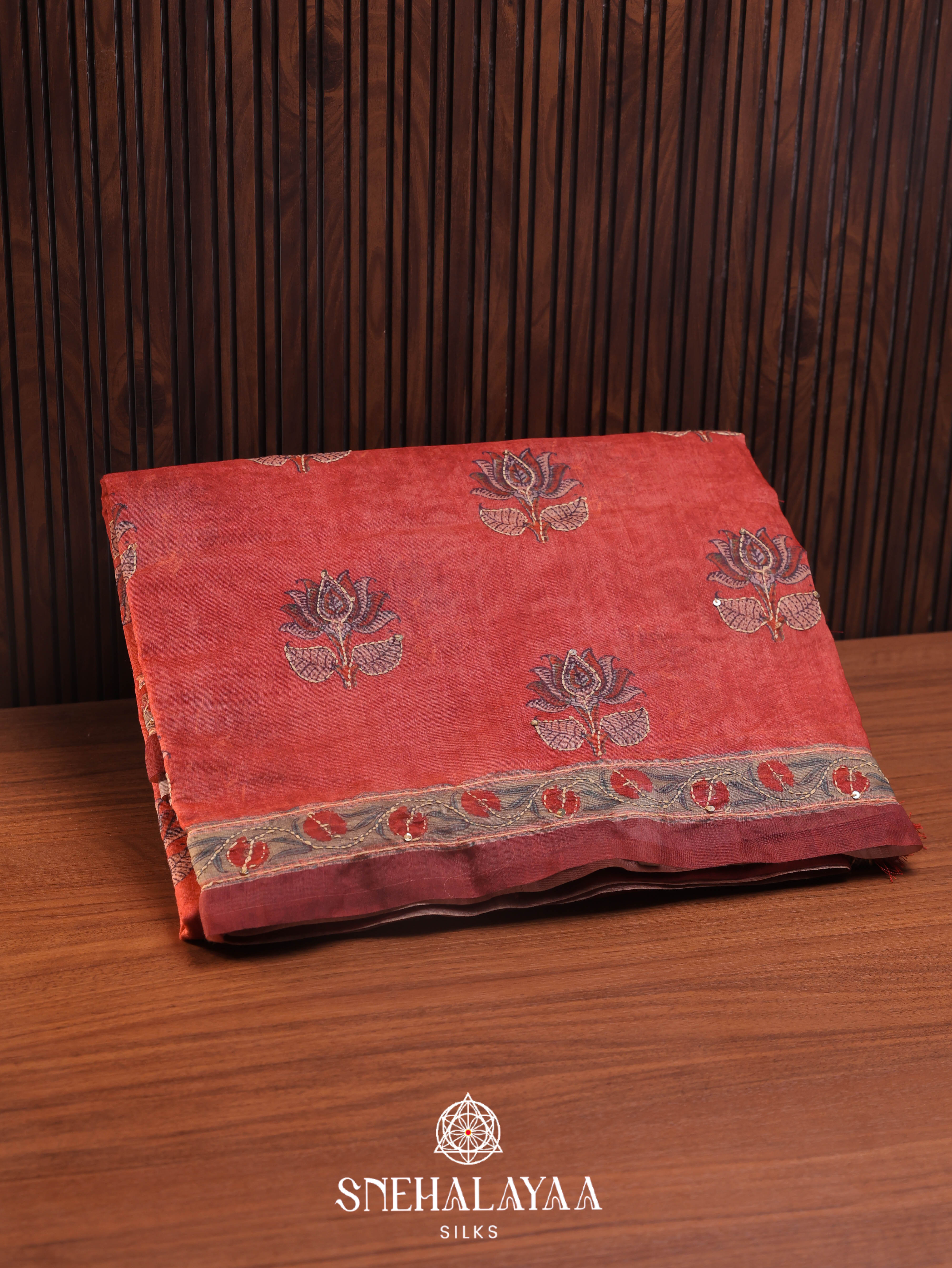 Red Linen Cotton Saree