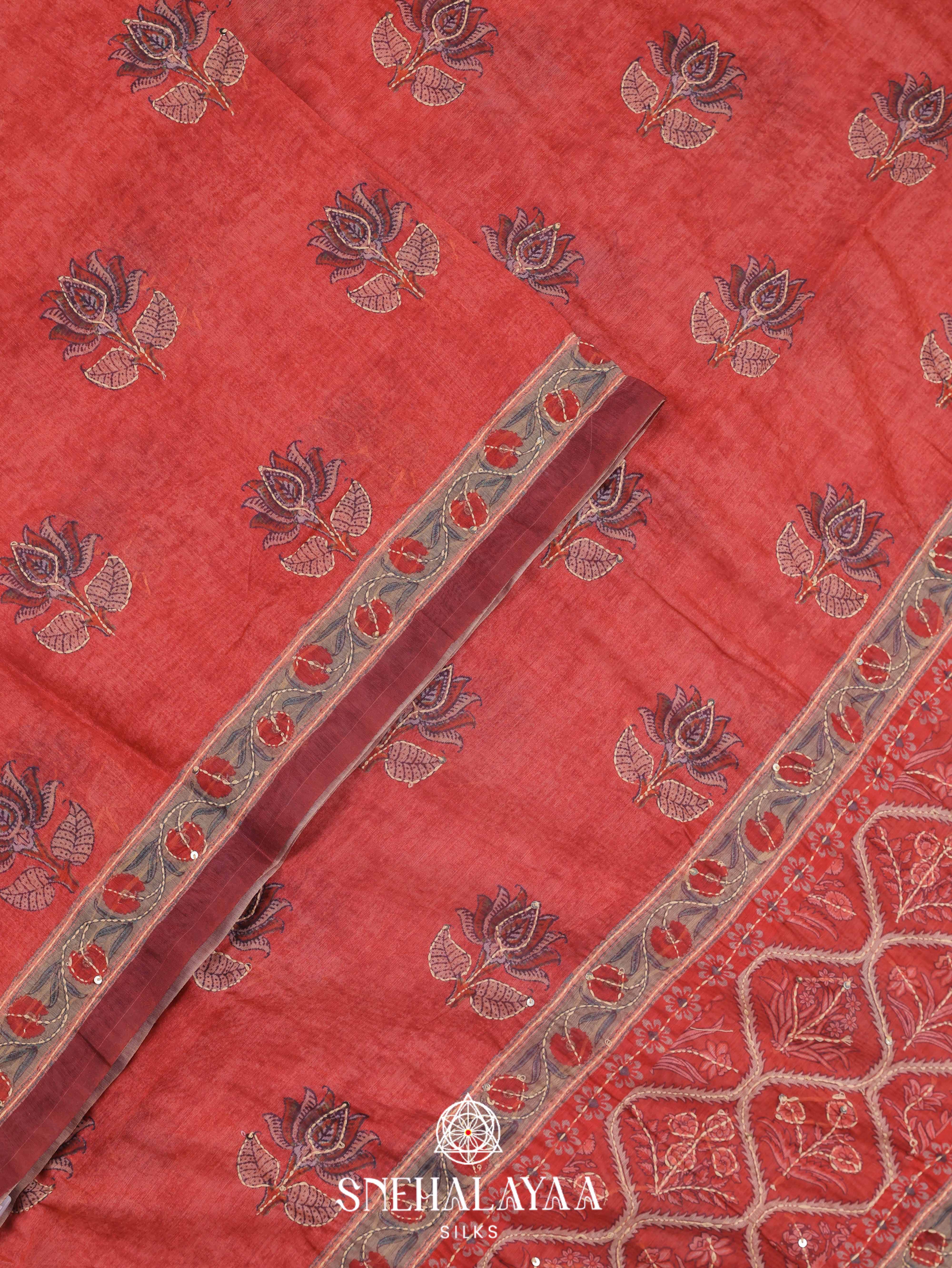Red Linen Cotton Saree