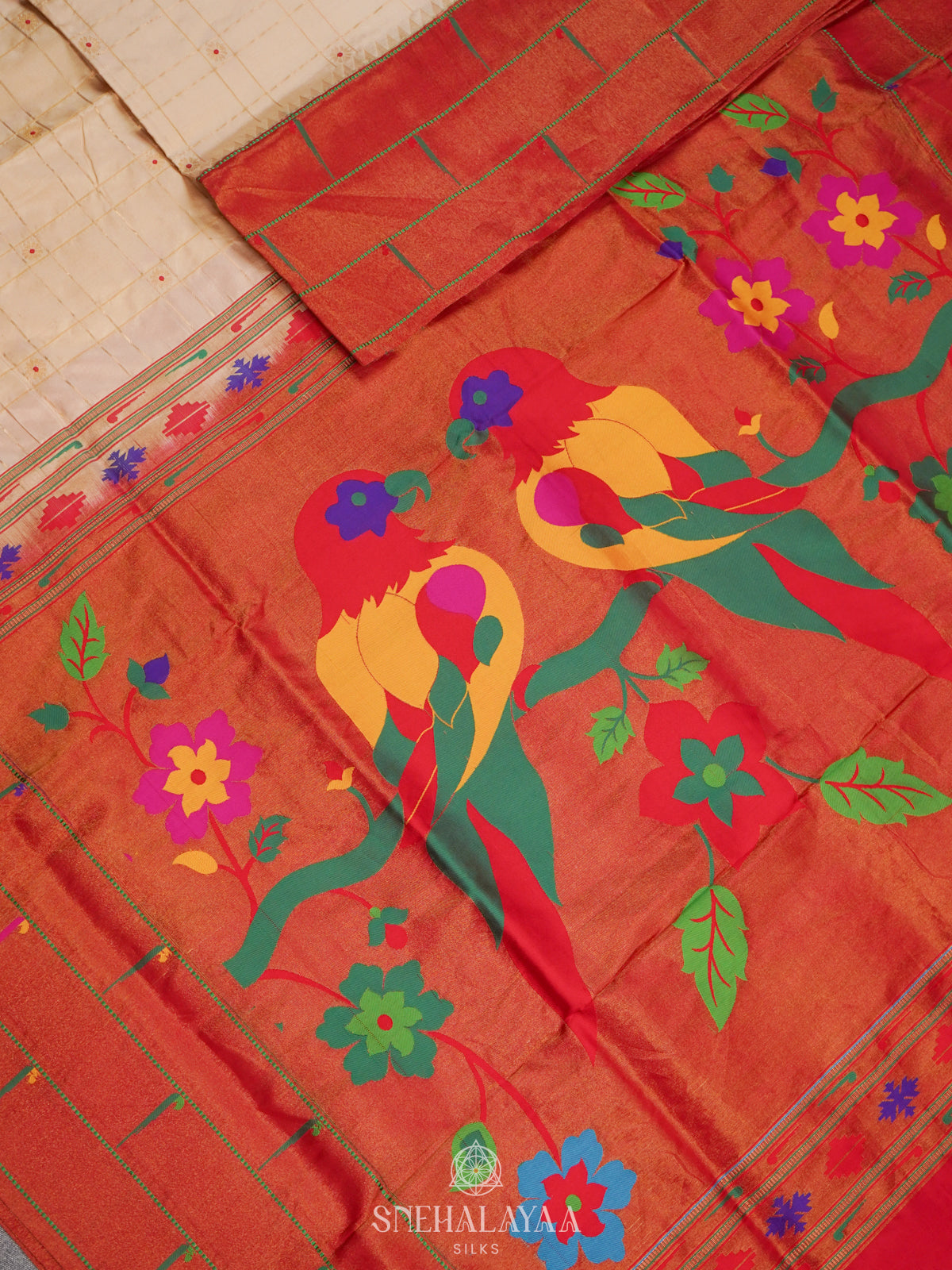 Cream Paithani Silk Saree
