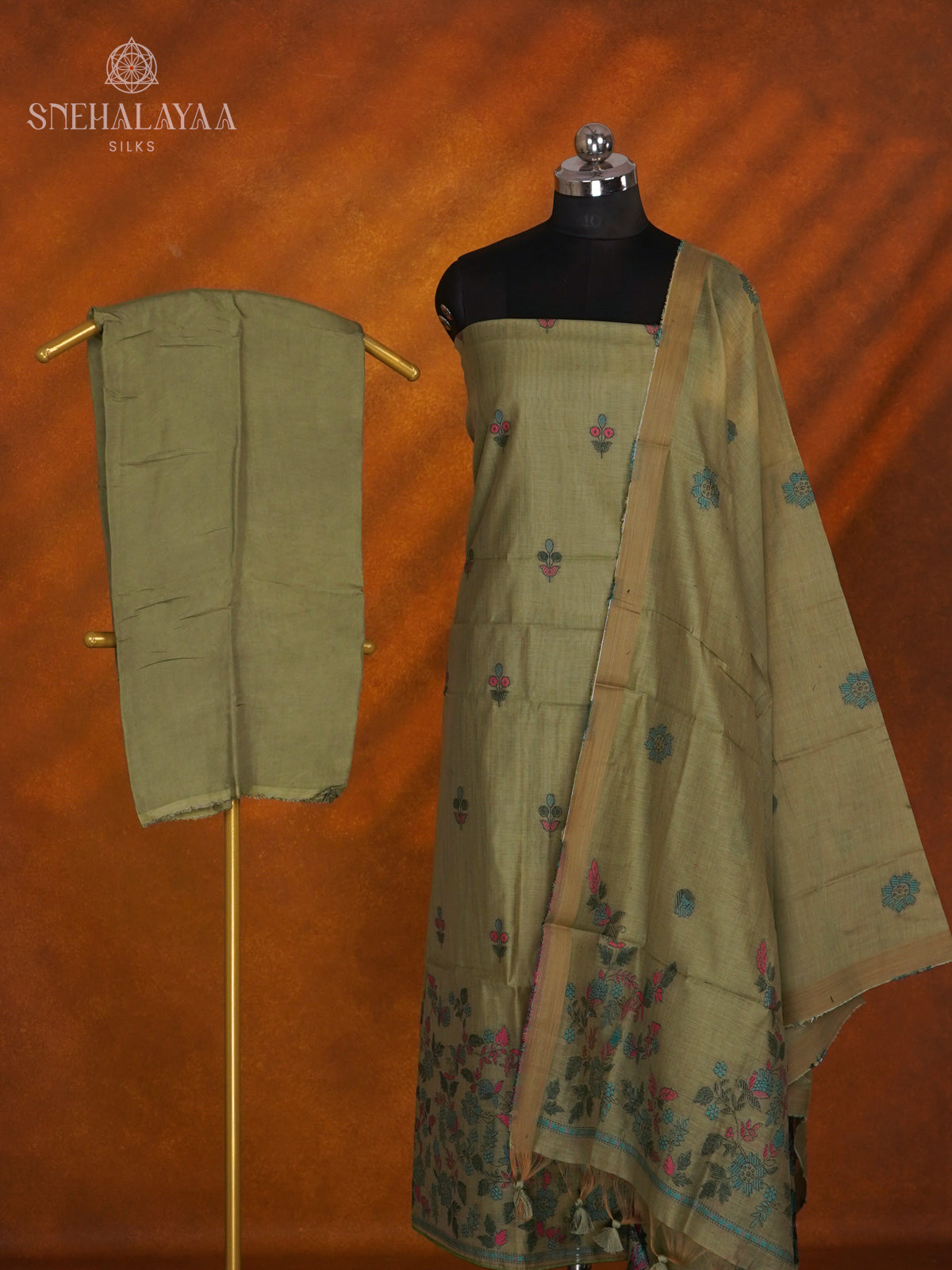 Olive Green Munga Cotton 3-Piece Salwar Suit Material