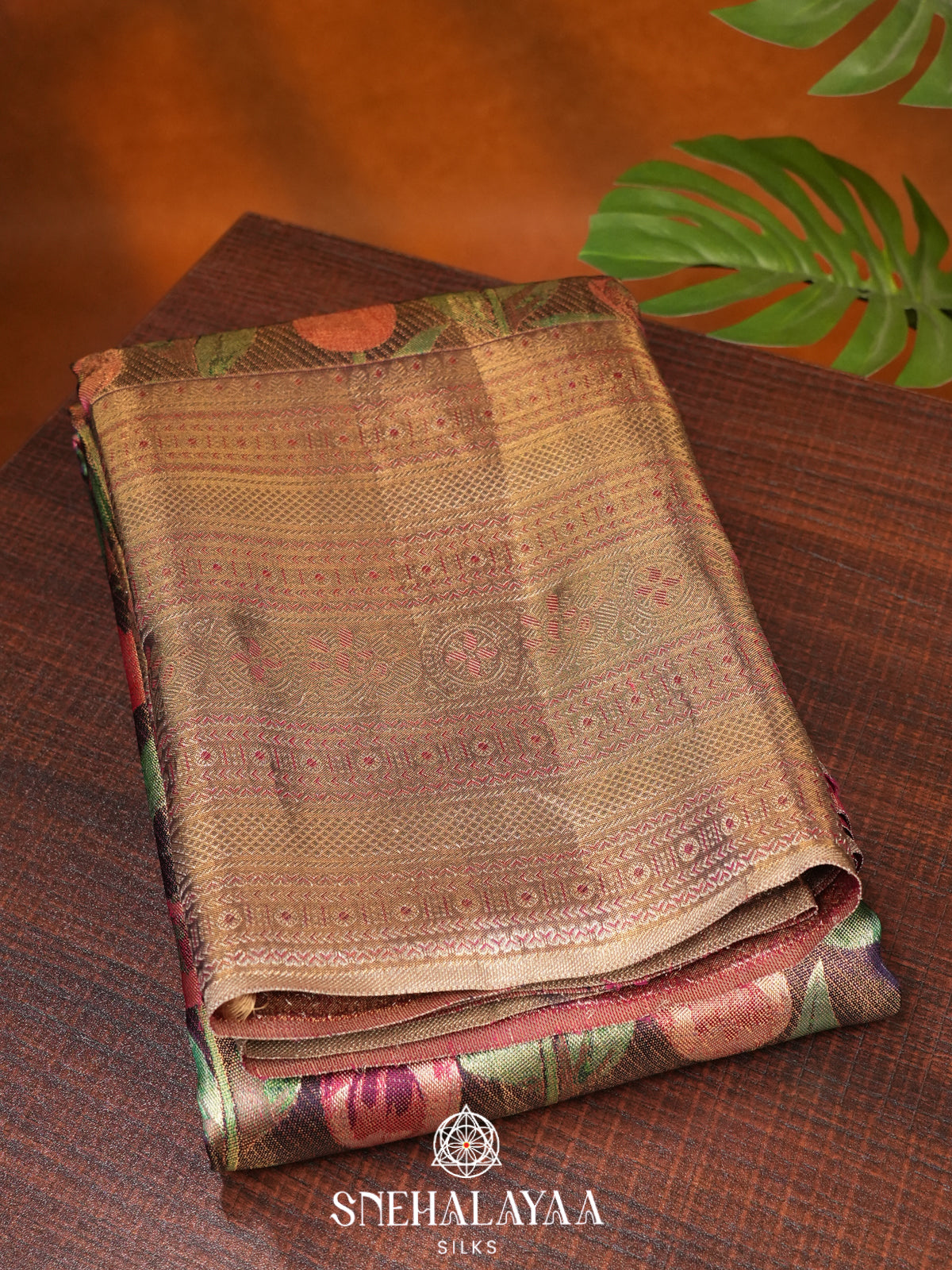 Brown Floral Kanchipuram Silk Saree with Rich Zari Pallu