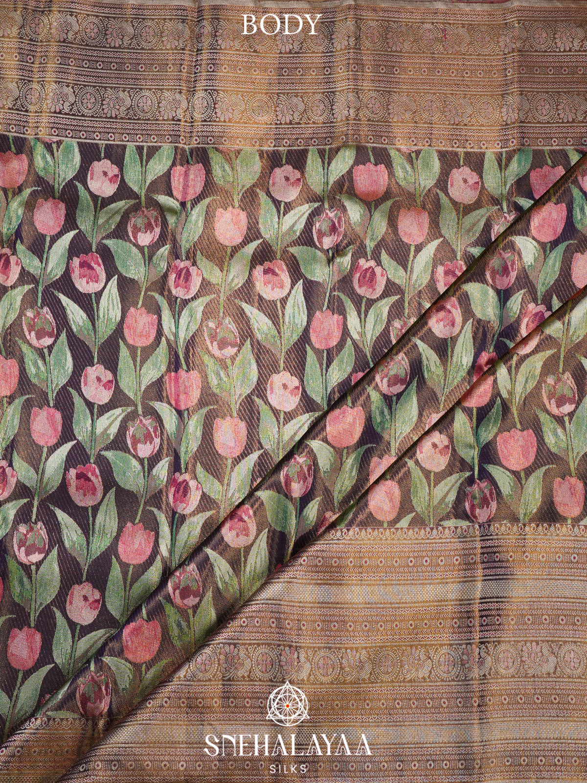 Brown Floral Kanchipuram Silk Saree with Rich Zari Pallu