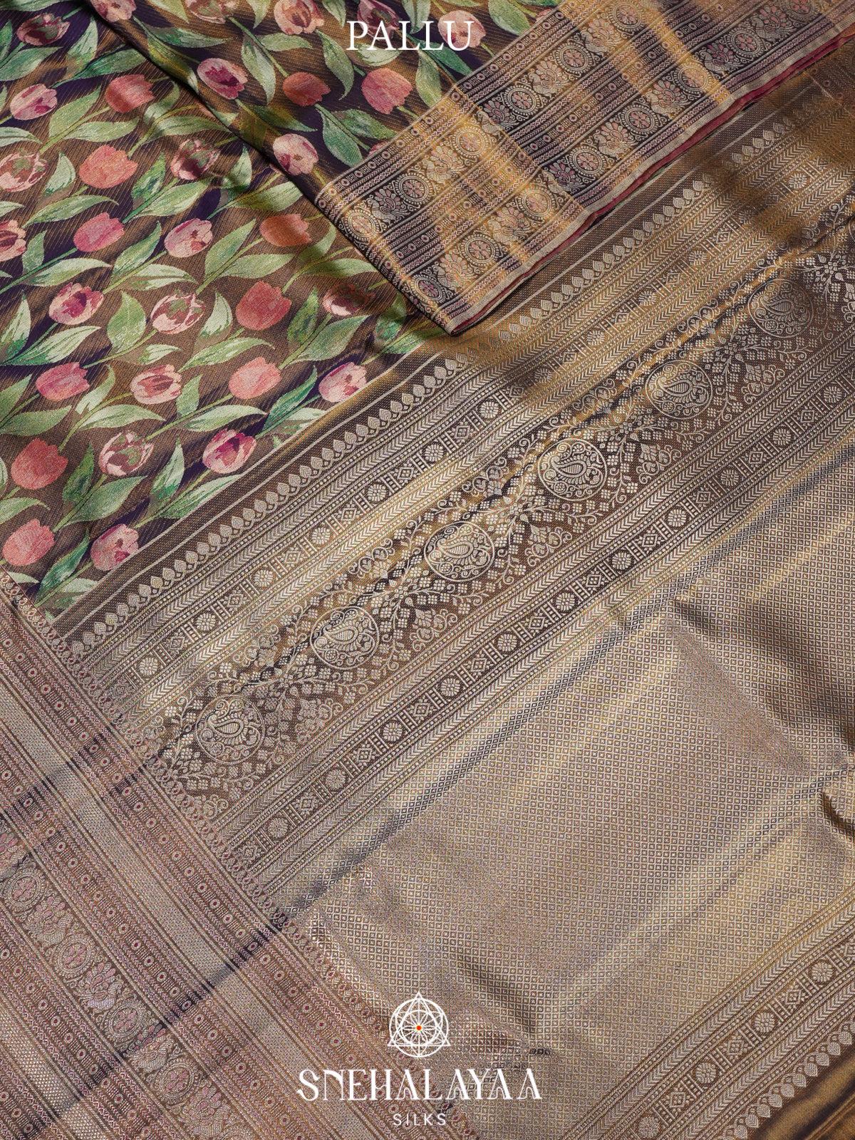 Brown Floral Kanchipuram Silk Saree with Rich Zari Pallu