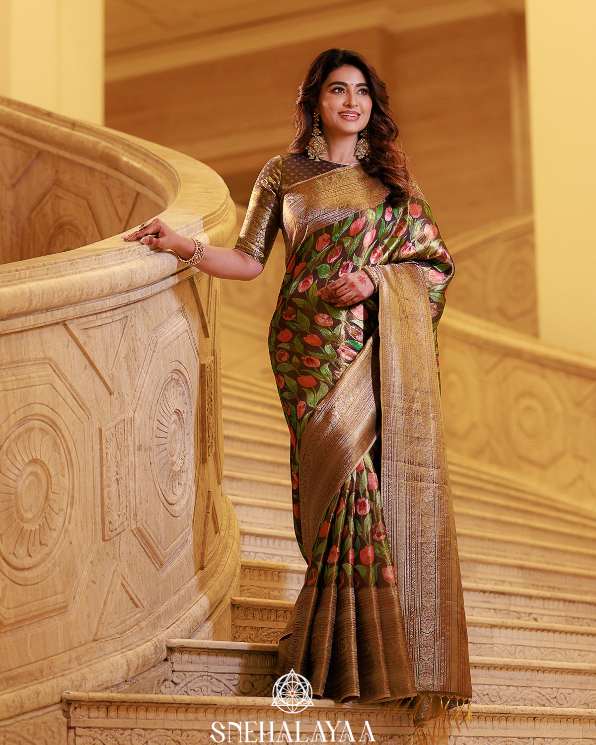Brown Floral Kanchipuram Silk Saree with Rich Zari Pallu