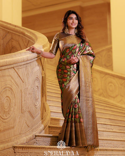 Brown Floral Kanchipuram Silk Saree with Rich Zari Pallu